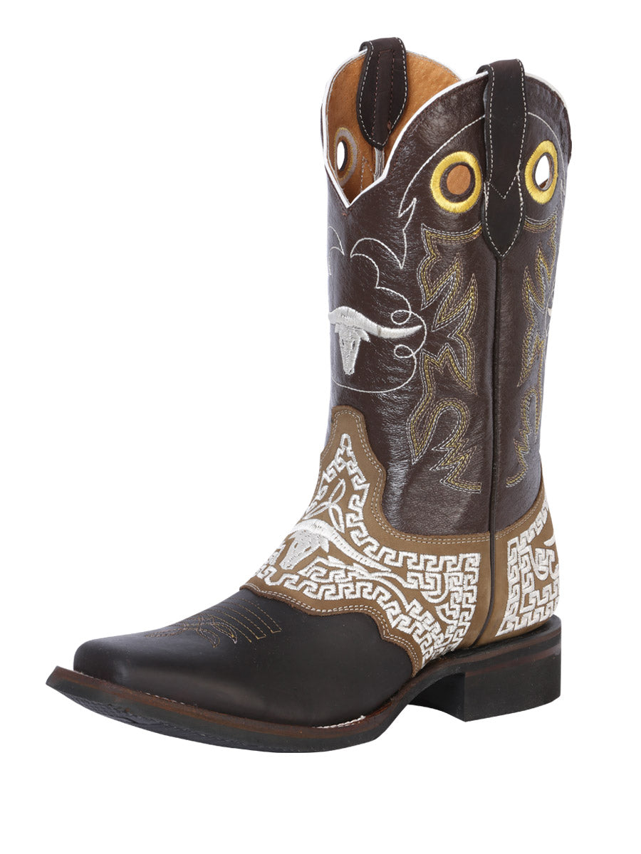 El General Men's Leather Cowboy Boot – Crazy Dark Brown with Embroidery – Style 33309
