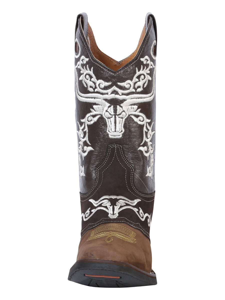 El General Men’s Leather Cowboy Boot – Brown/Dark Brown w Embroidery – Style 34311