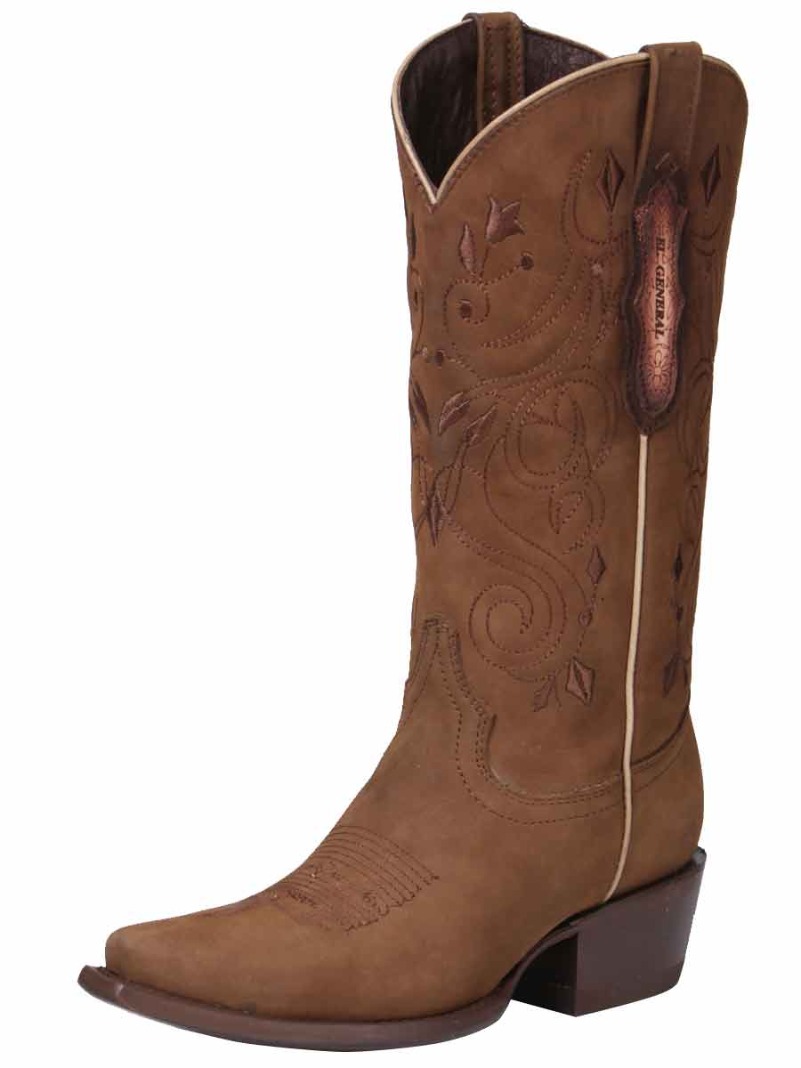 El General Women’s Leather Cowboy Boot – Nubuck Camel – Style 34513