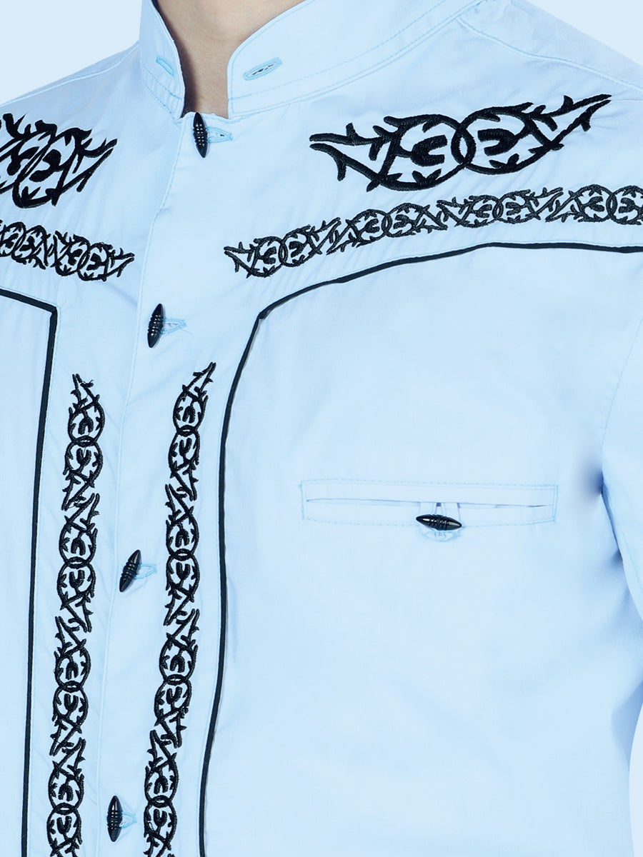 El Señor de los Cielos Men’s Charro Embroidered Shirt – Blue/Black – Style 40785