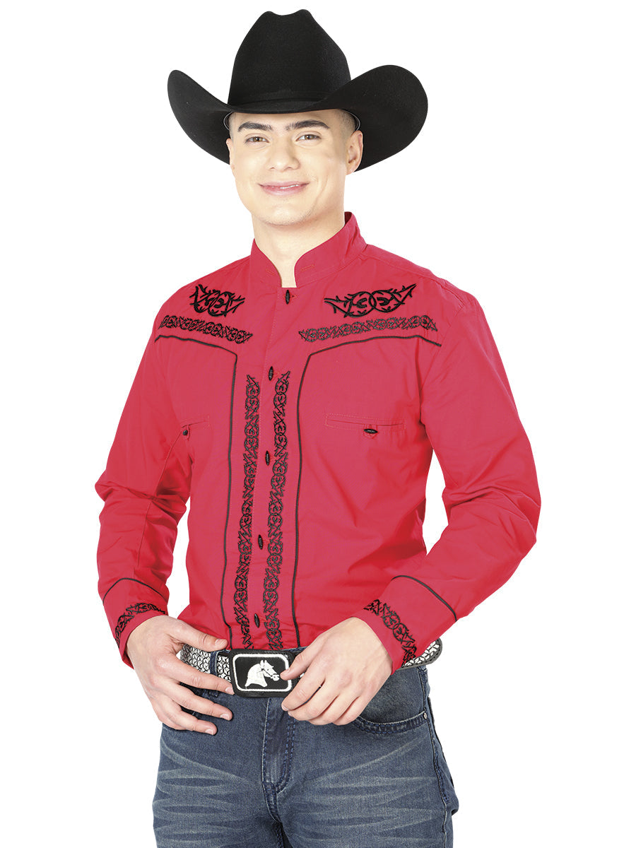 El Señor de los Cielos Men’s Charro Embroidered Shirt – Red/Black – Style 40786