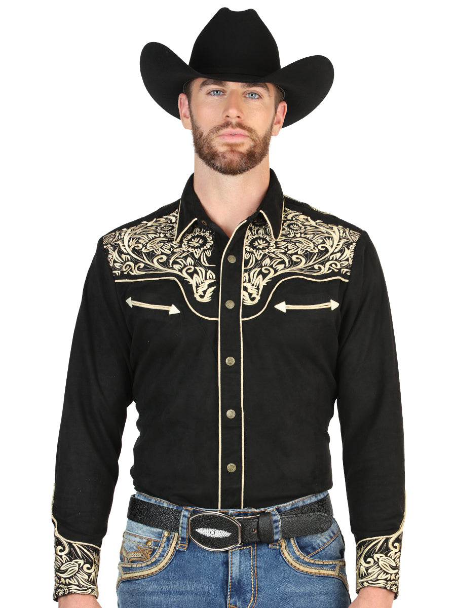 El General Men’s Long Sleeve Western Shirt - Black/Gold Embroidery 45654