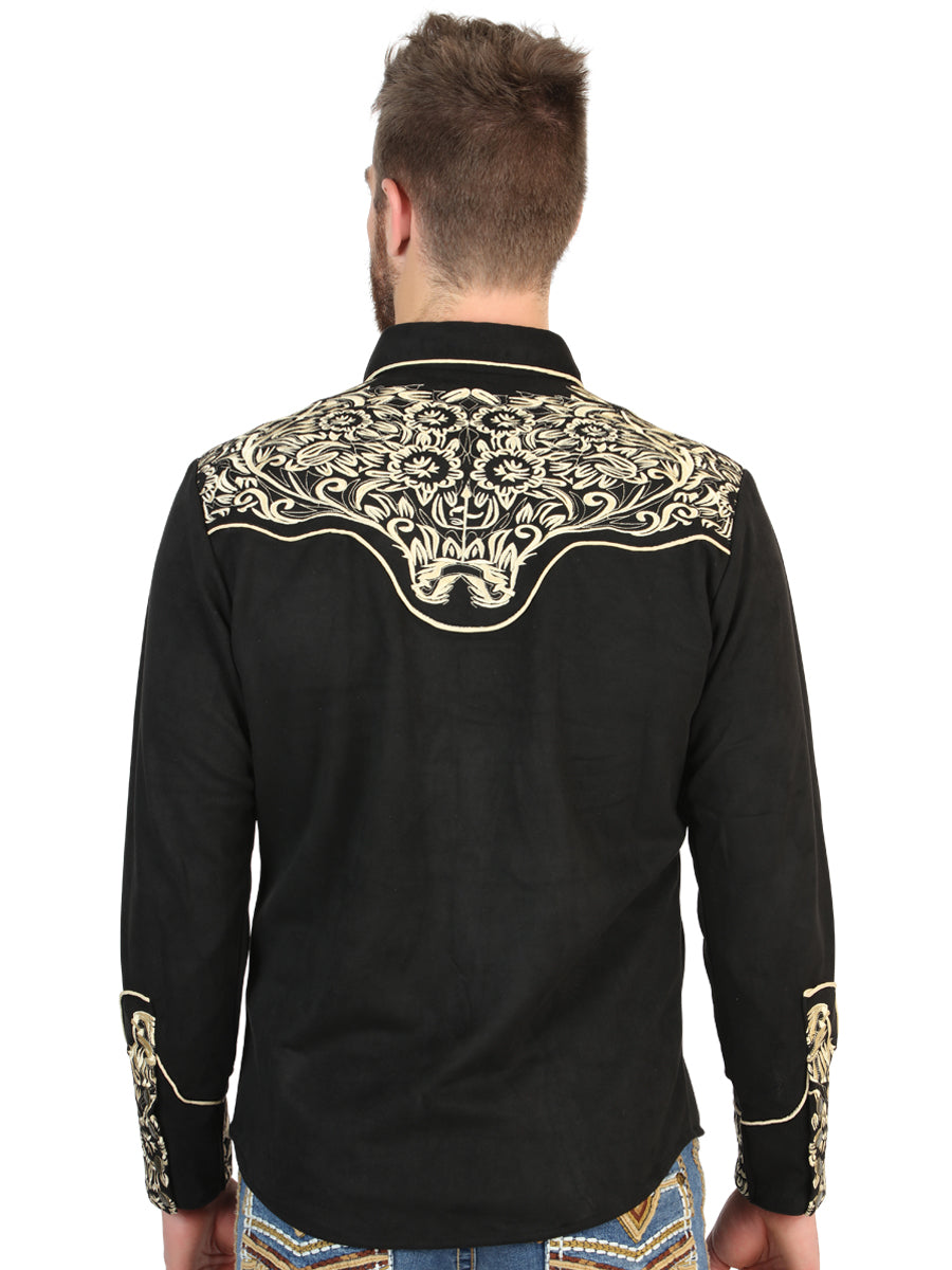 El General Men’s Long Sleeve Western Shirt - Black/Gold Embroidery 45654