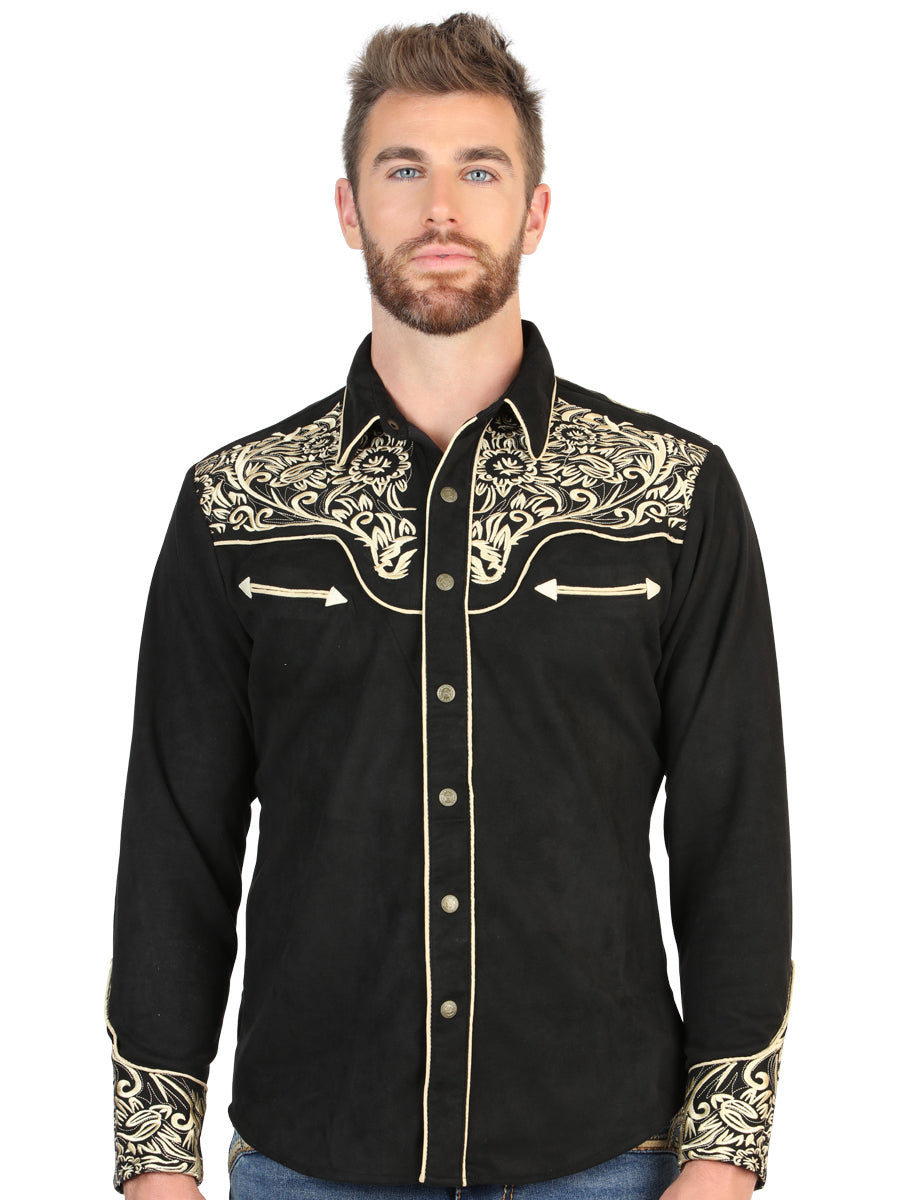 El General Men’s Long Sleeve Western Shirt - Black/Gold Embroidery 45654