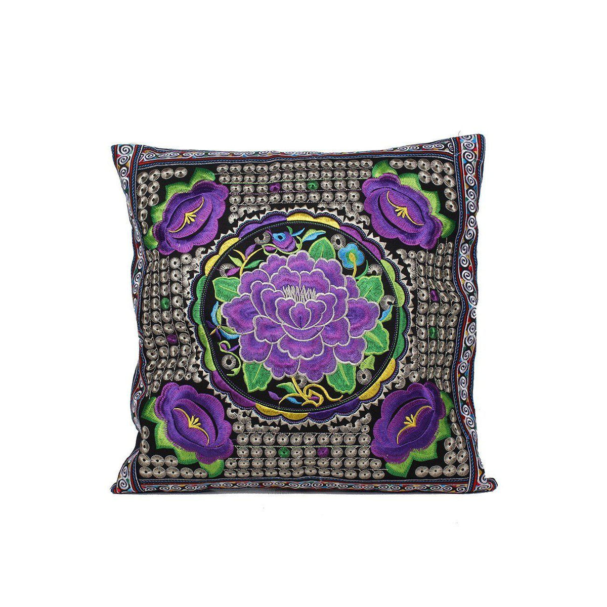 Hmong Embroidered Floral Pillow Cover - Thailand