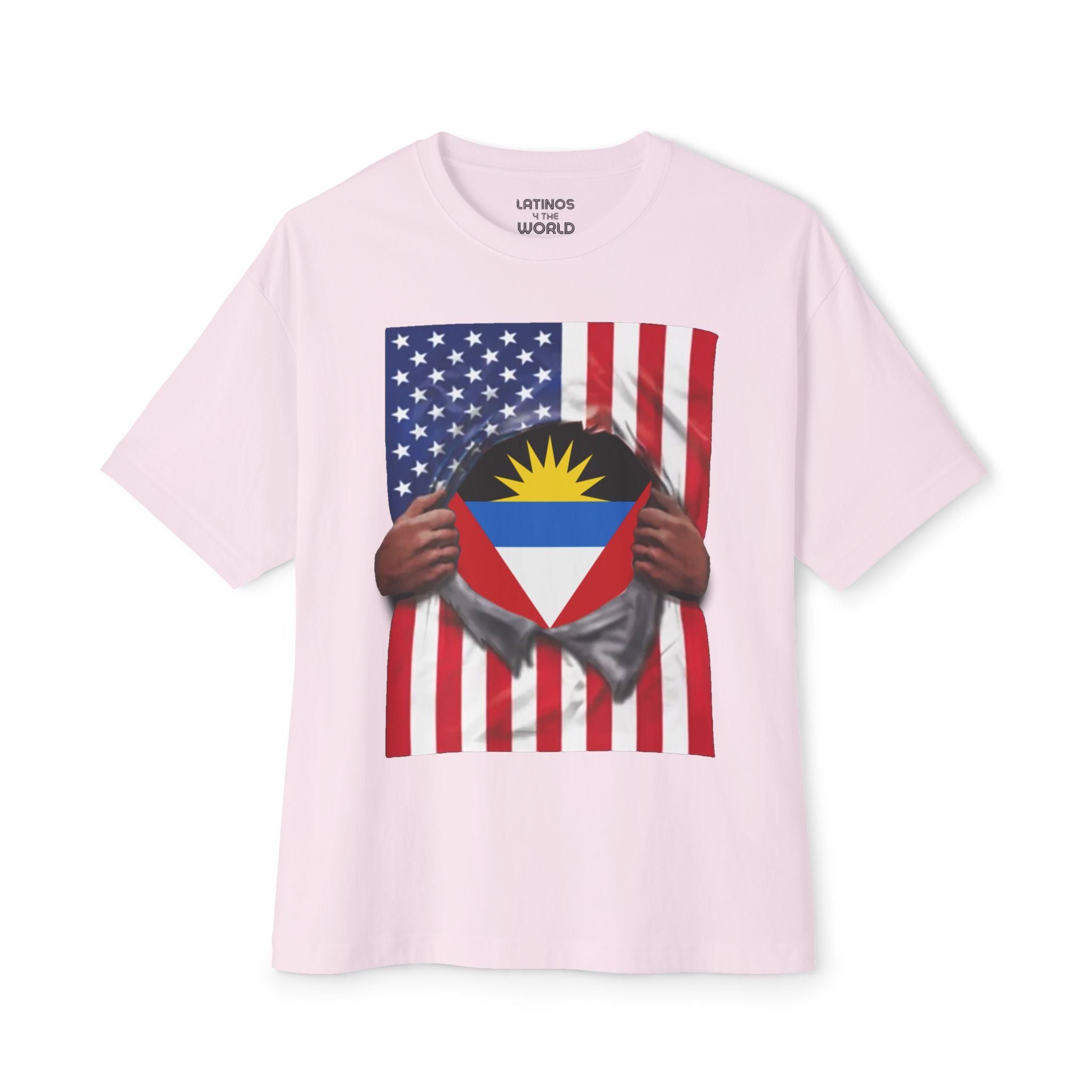 Camiseta de la bandera de Antigua y Barbuda | Bandera de Antigua + Estadounidense Rasgada 4 de julio | Camisetas divertidas para latinos | 4 Colores