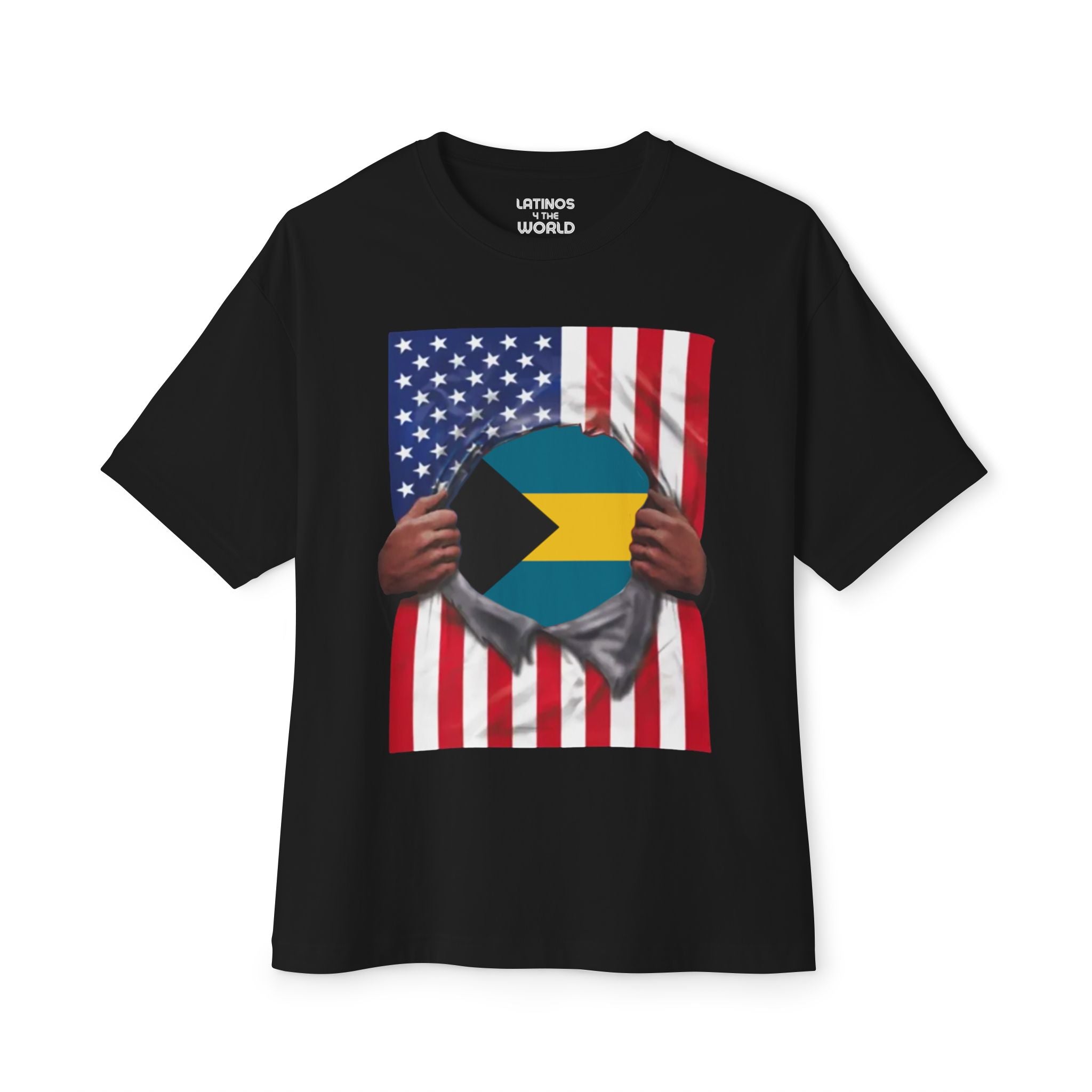 Camiseta Bandera de Bahamas + EE. UU. | Bandera de Bahamas + EE. UU. rasgada 4 de Julio | Camisetas Latinas Divertidas | 4 Colores