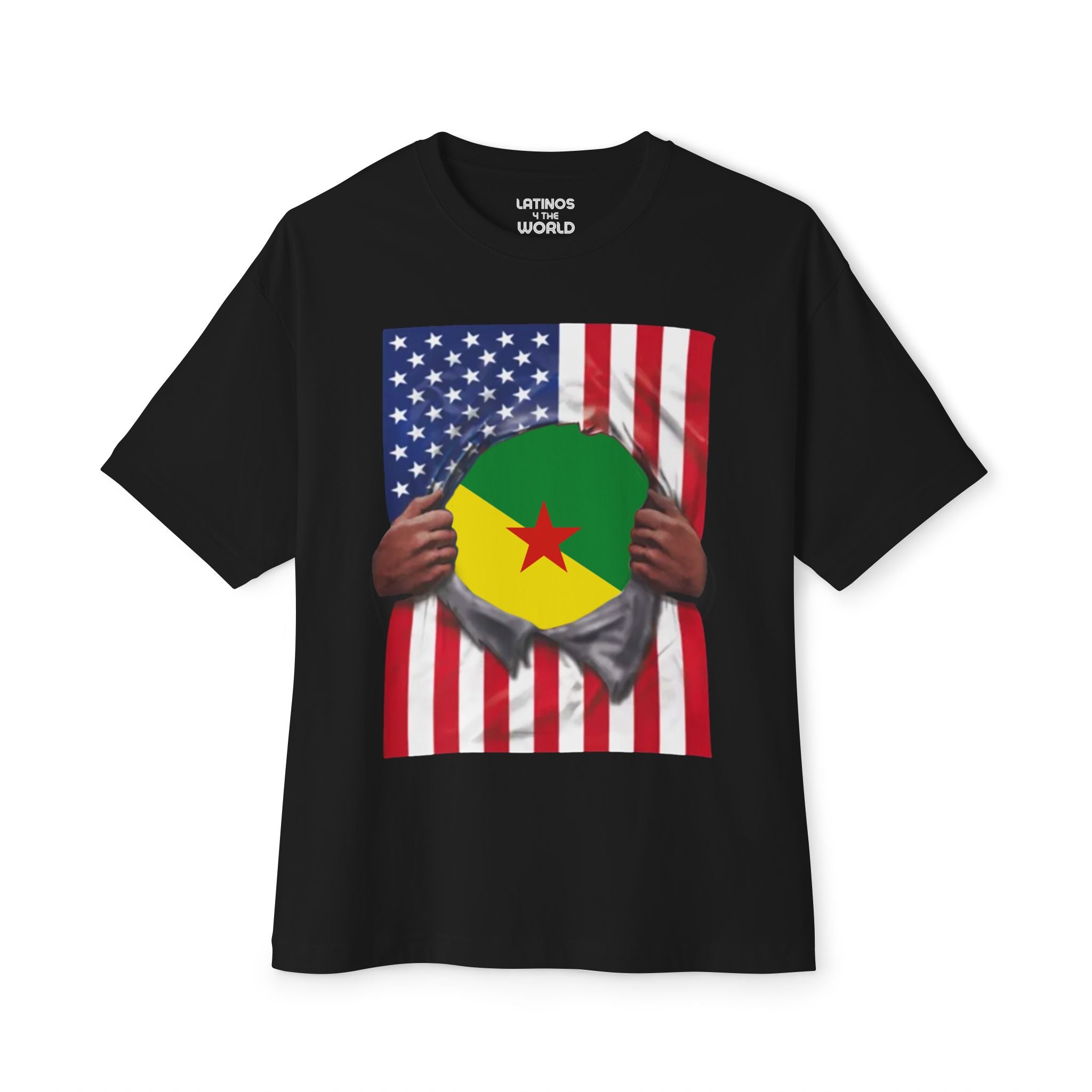 Camiseta de la Guayana Francesa y la bandera de Estados Unidos | Guayana Francesa y bandera estadounidense rasgada 4 de julio | Camisetas latinas divertidas | 4 colores