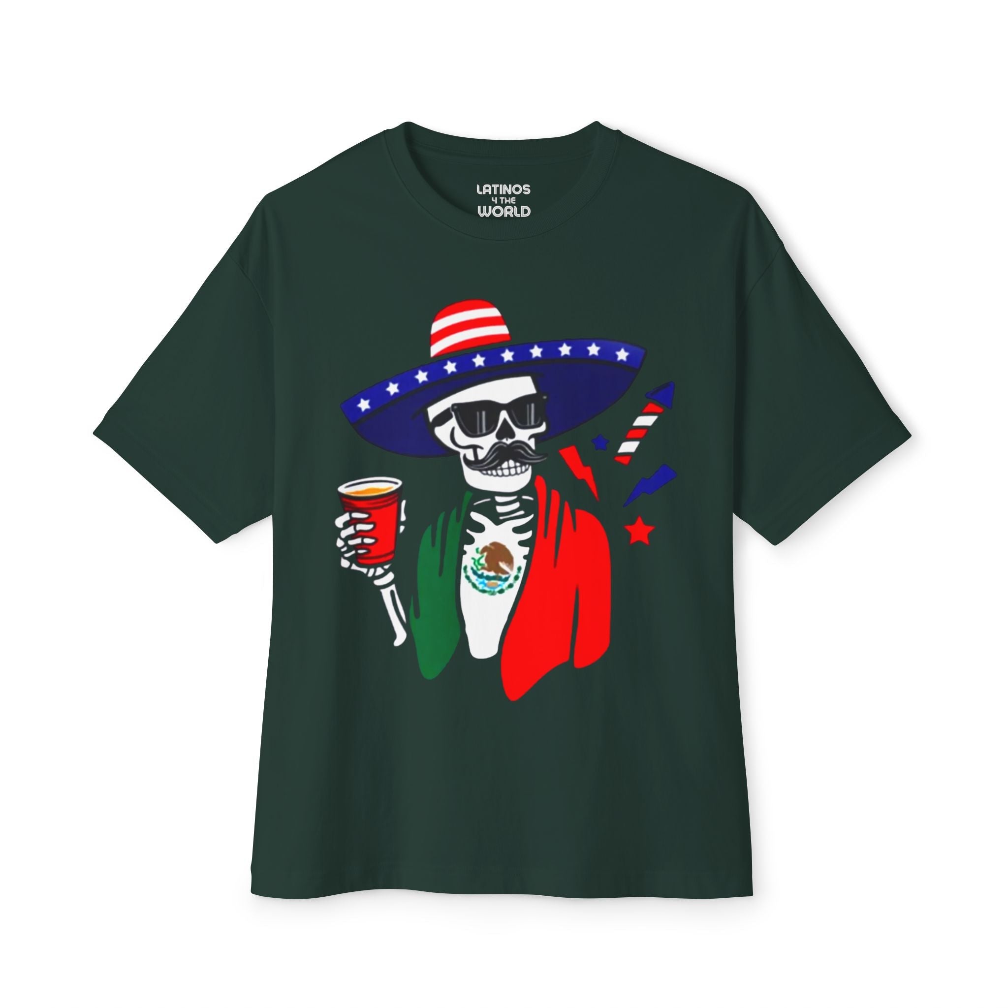 Fiesta Esqueleto México + EE. UU. Camiseta | Camisetas latinas divertidas virales mexicanas + americanas | Unisex - 3 colores | Halloween