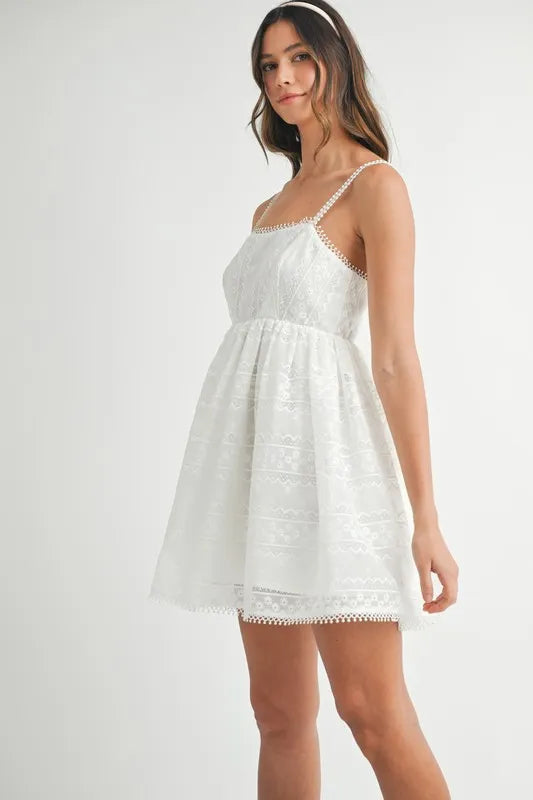 Eyelet Lace Babydoll Mini Cami Dress – Feminine Eyelet Lace Dress, Fluttering, Bohemian Babydoll Silhouette, Breezy Summer Dress, Casual Day Out Dress