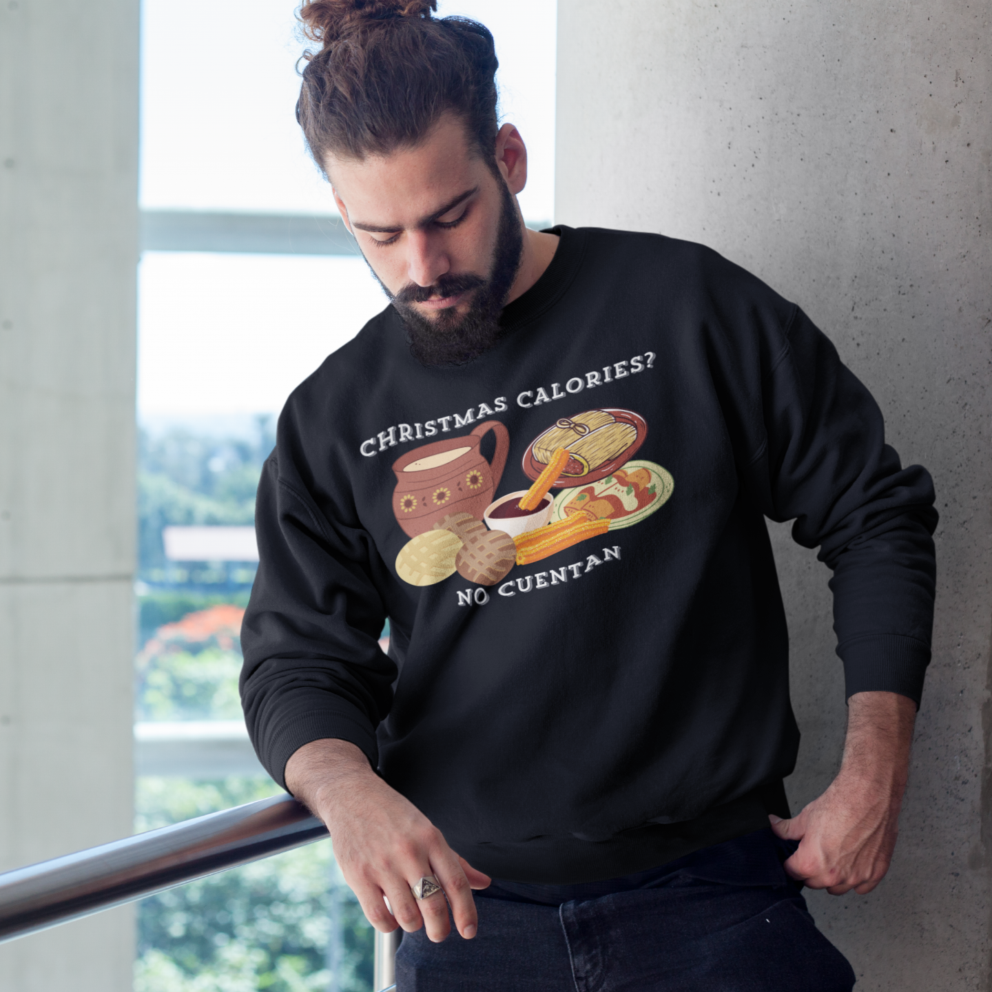 Sudadera cómoda de cuello redondo "Las calorías de Navidad no cuentan" | Fiesta Latina | 3 colores
