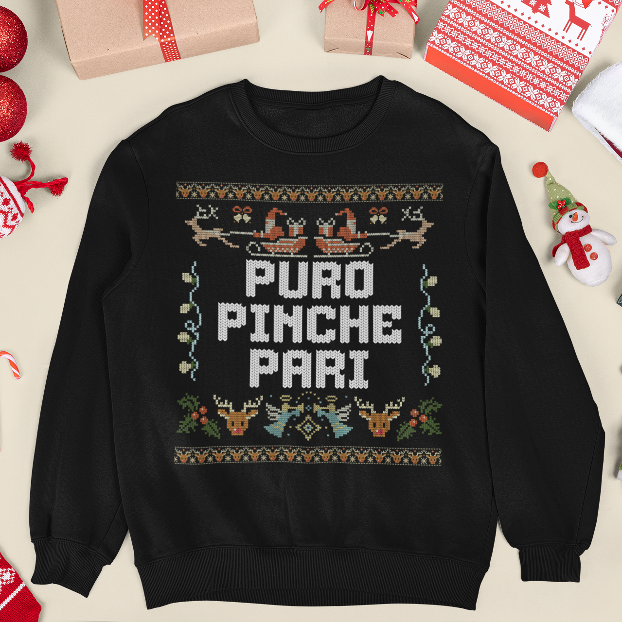 Sudadera navideña fea de Puro Pinche Pari Chingo Latino | Divertida y brillante | 3 colores