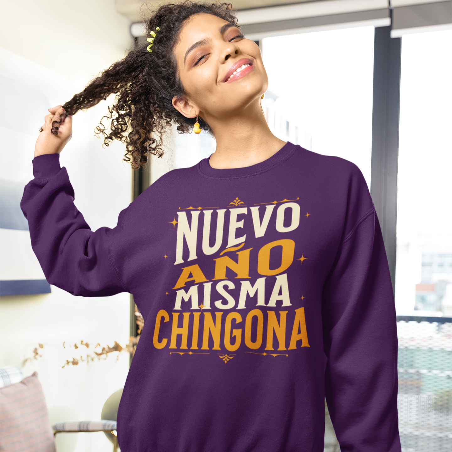 Sudadera de cuello redondo con el lema "Nuevo Año Misma Chingona Latino Happy New Year 2025" | Divertida de Año Nuevo | 3 colores