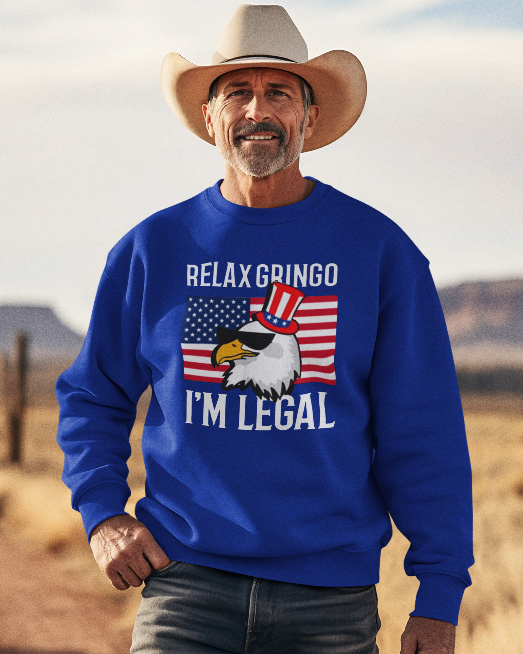 Relájate Gringo, Soy Legal - Sudadera con cuello redondo y forro polar con la bandera de EE. UU. | Edición América - Camisetas latinas virales divertidas | Unisex - 3 colores