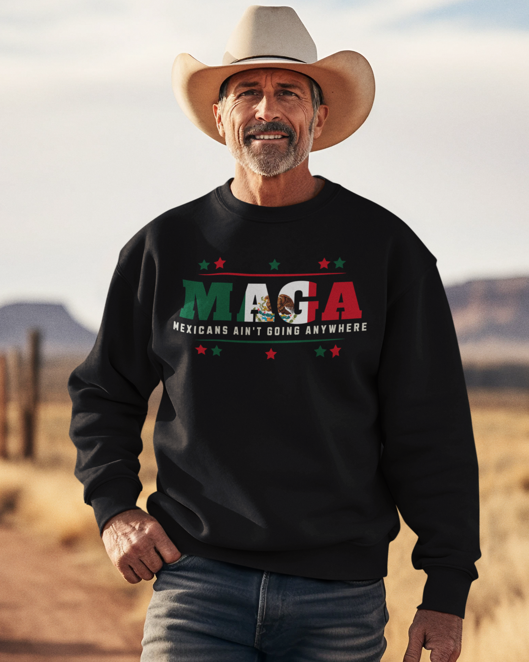 Sudadera de cuello redondo con forro polar "Mexicans Ain't Going Anywhere" V1 | Camisetas virales divertidas de orgullo latino | 3 colores