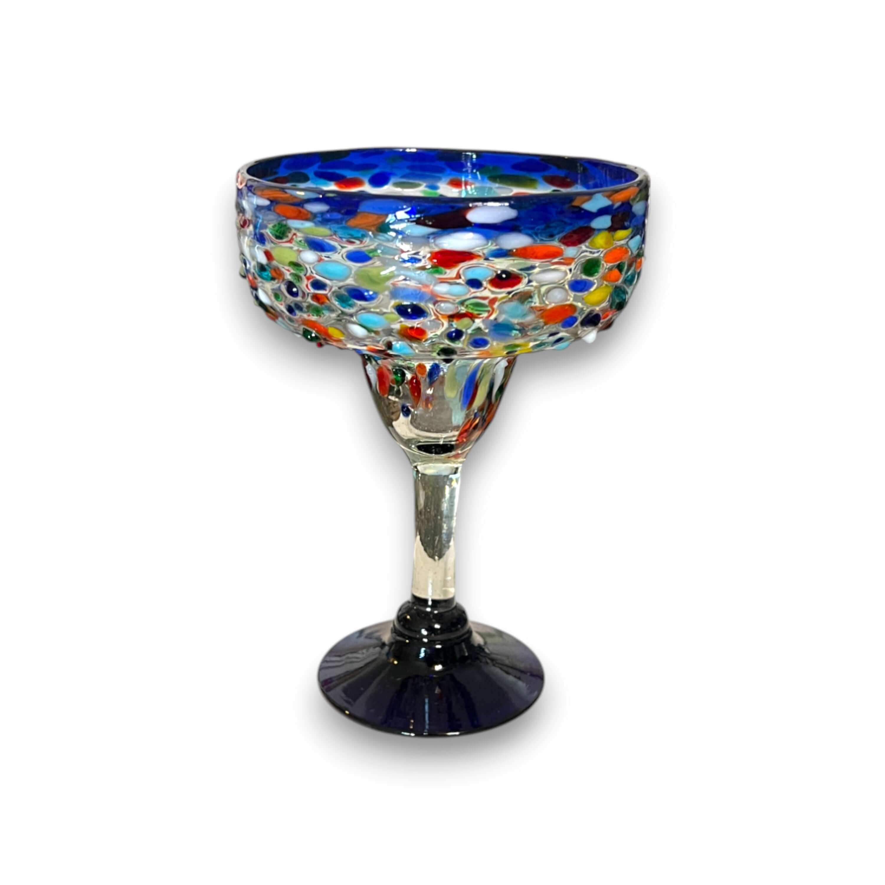 Vaso de margarita soplado a mano mexicano | Diseño de confeti azul rocoso