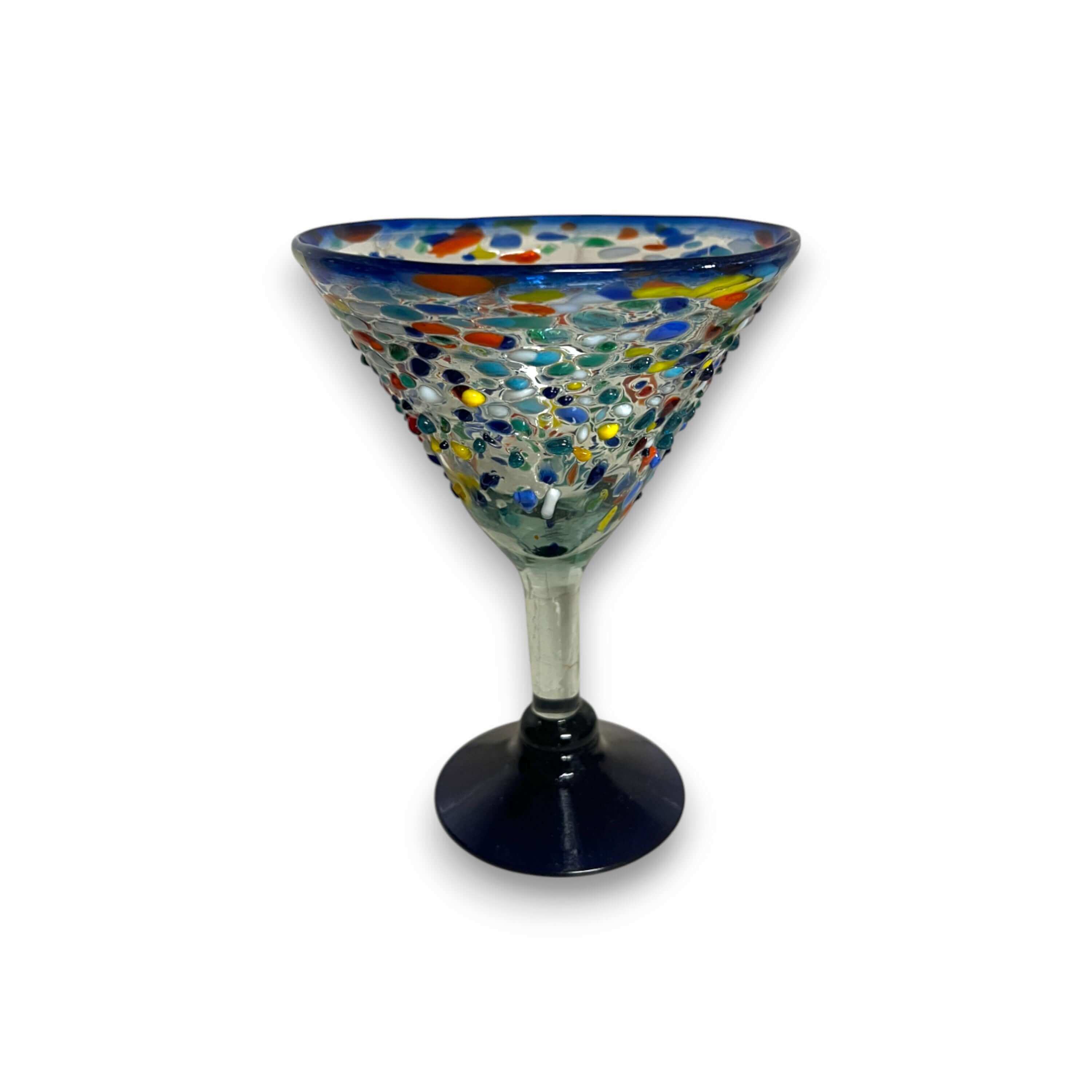 Copa de Martini de Roca con Confeti y Borde Azul | Cristalería Mexicana Soplada a Mano
