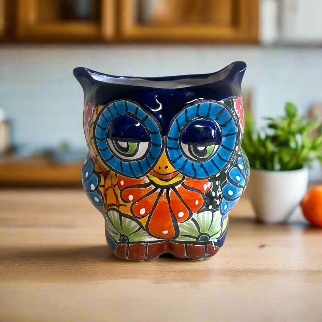 Maceta Búho Talavera | Cerámica de Doble Cara Pintada a Mano