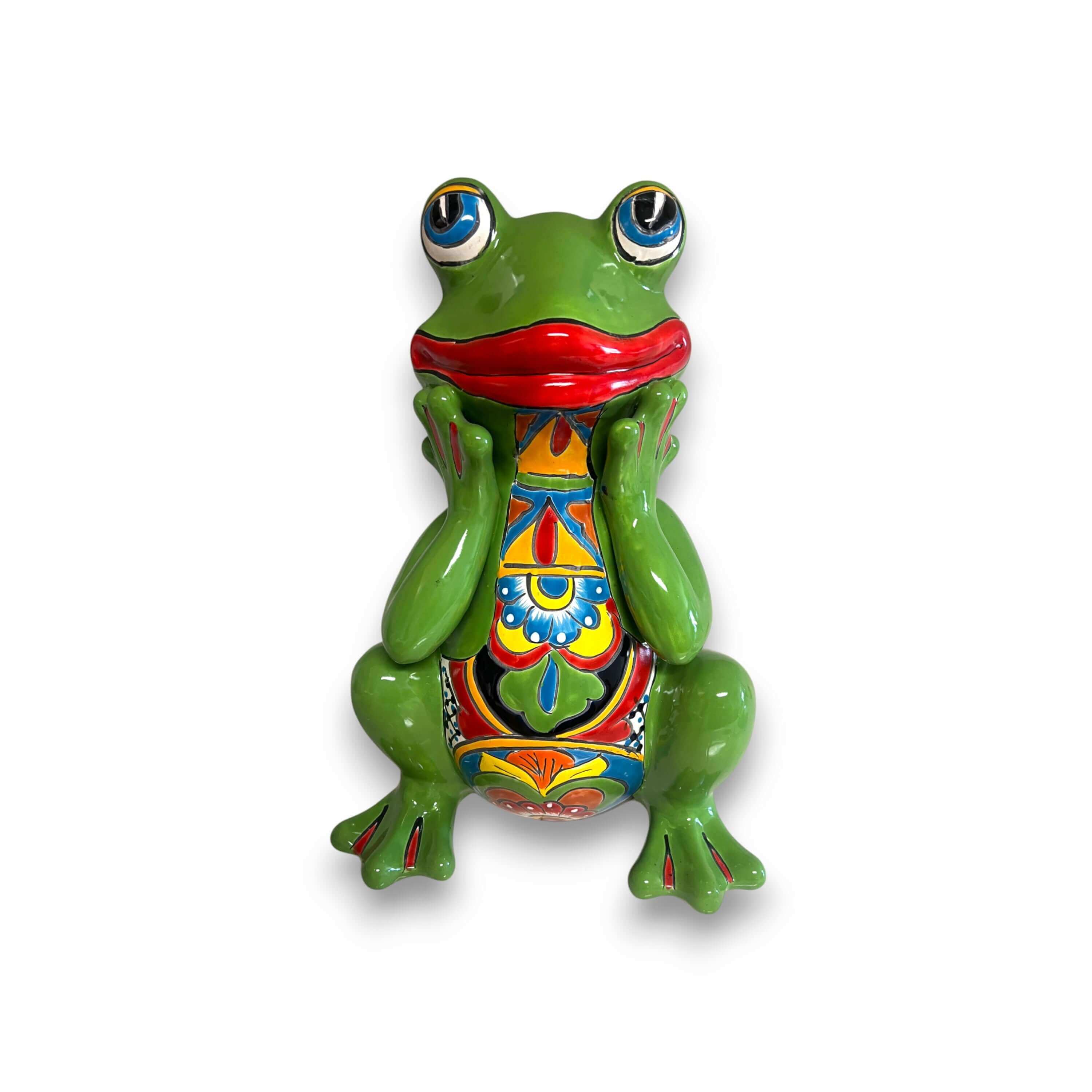 Estatua de rana de Talavera | Vibrante arte cerámico mexicano pintado a mano