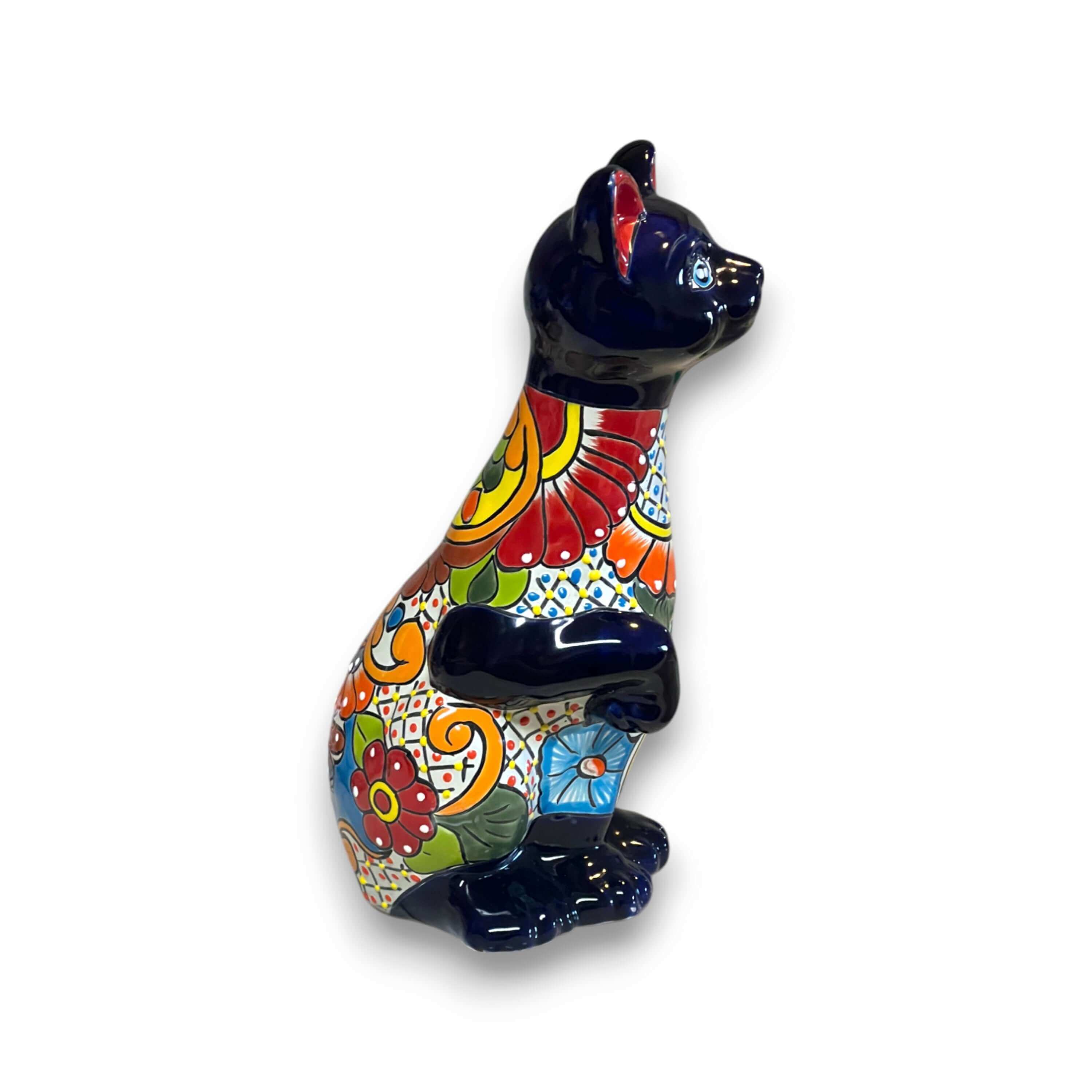 Estatua de Gato de Talavera | Figurilla de Cerámica Mexicana Pintada a Mano