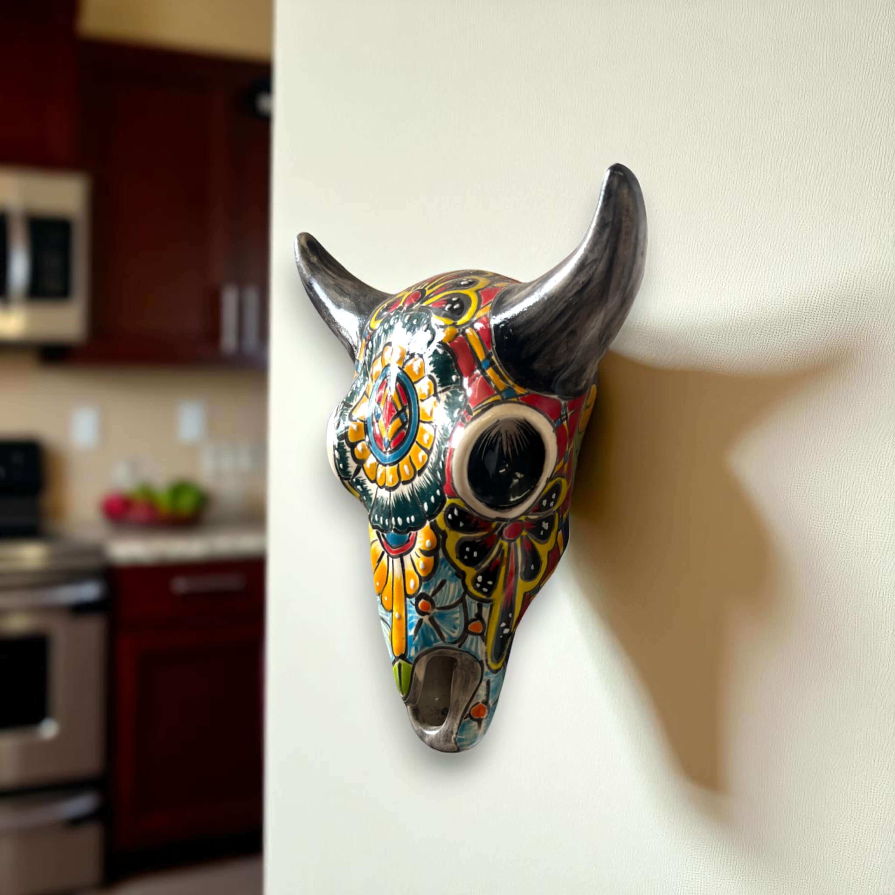 Decoración de pared de calavera de toro de Talavera | Arte mexicano de cuernos largos hecho a mano
