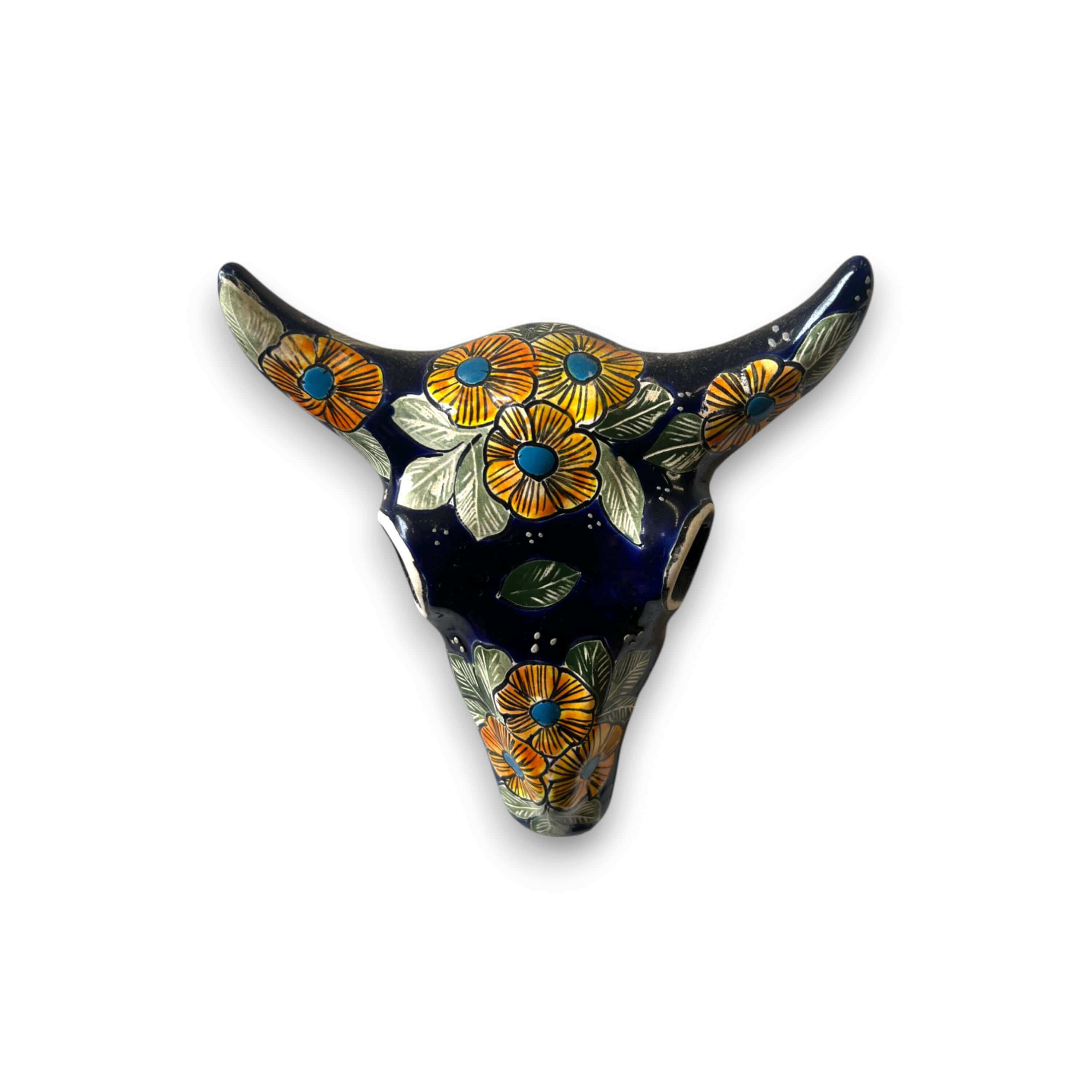 Decoración de pared de calavera de toro de Talavera | Arte mexicano de cuernos largos hecho a mano