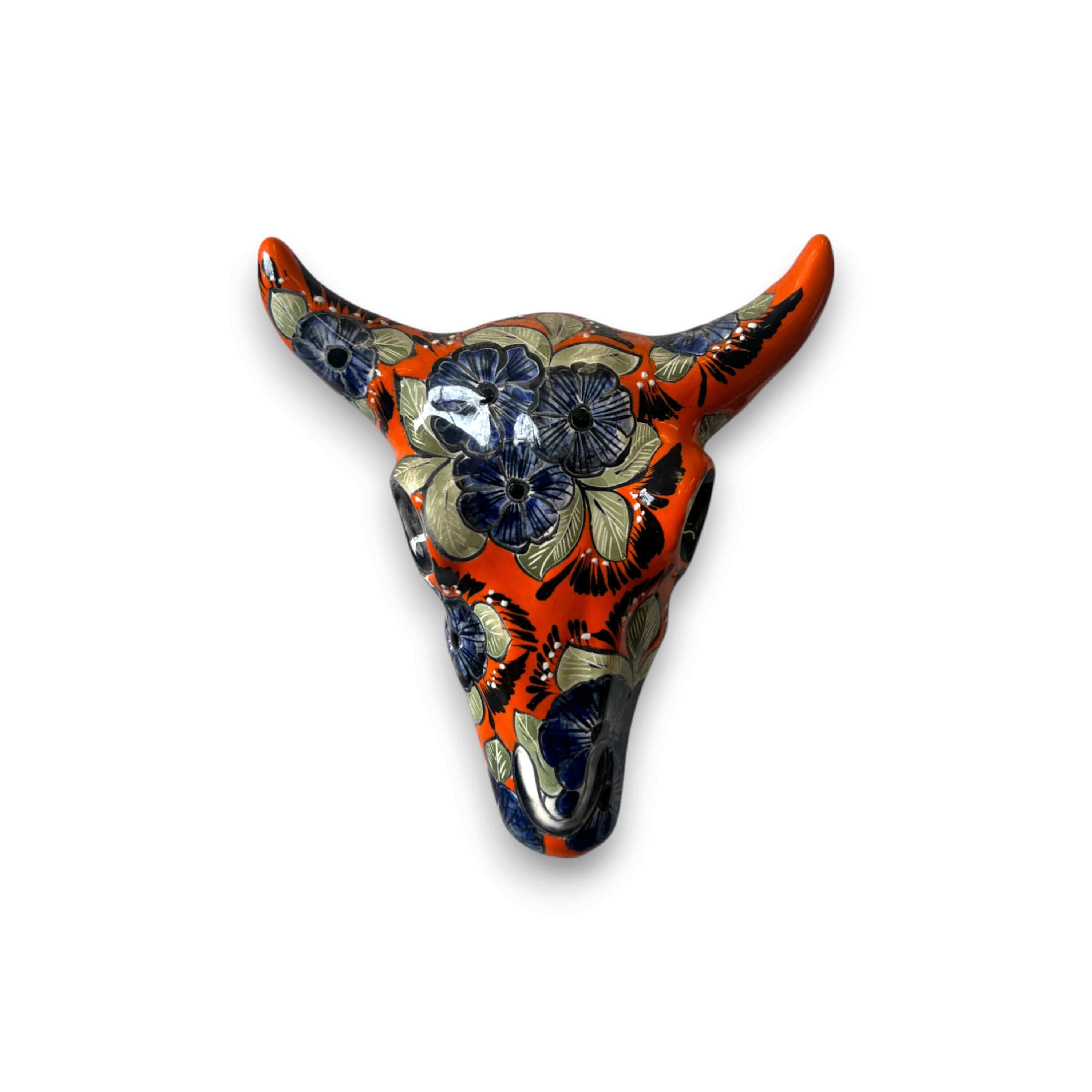 Decoración de pared de calavera de toro de Talavera | Arte mexicano de cuernos largos hecho a mano
