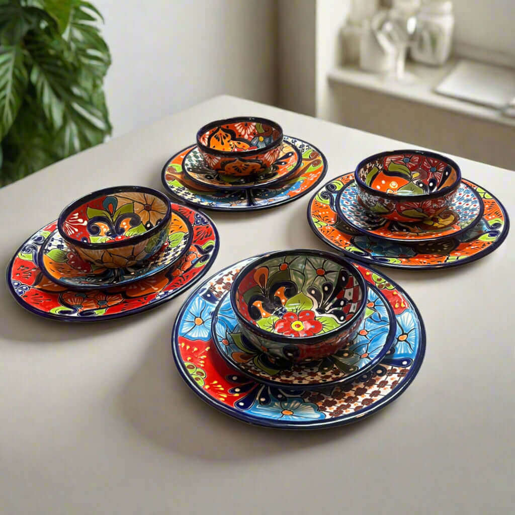 Vajilla Talavera de 12 Piezas | Platos y Cuencos de Cerámica Mexicana Hechos a Mano