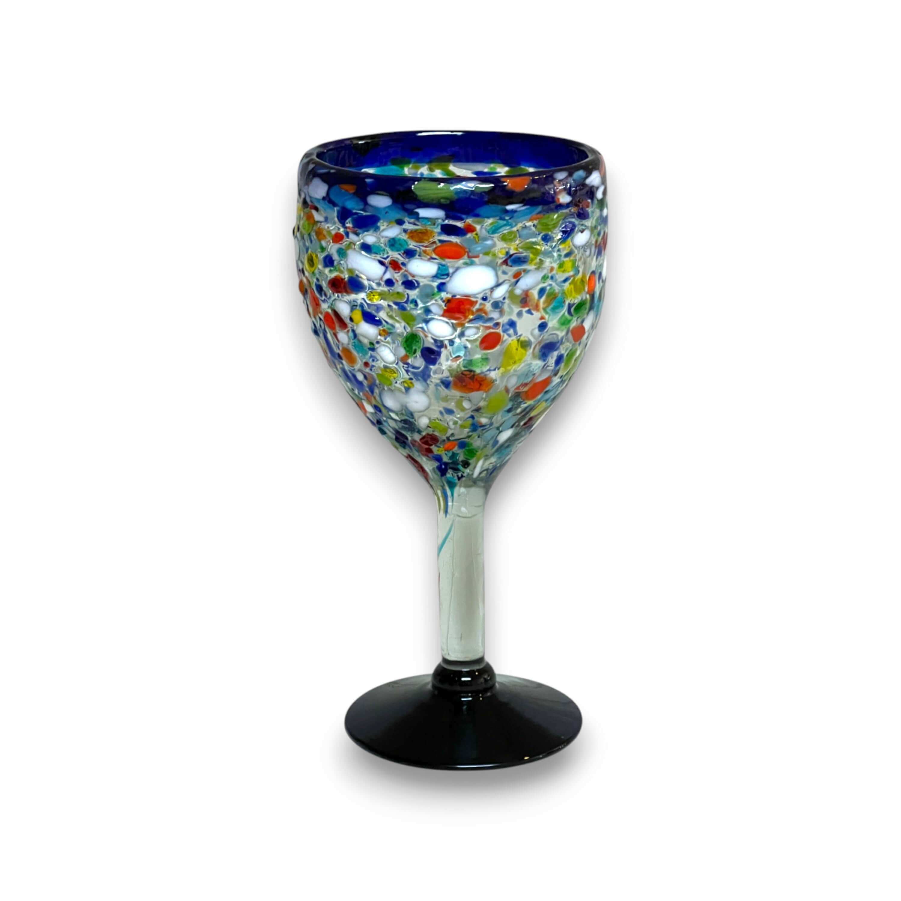 Hand Blown Mexican Wine Glasses | Blue Rim Confetti Design