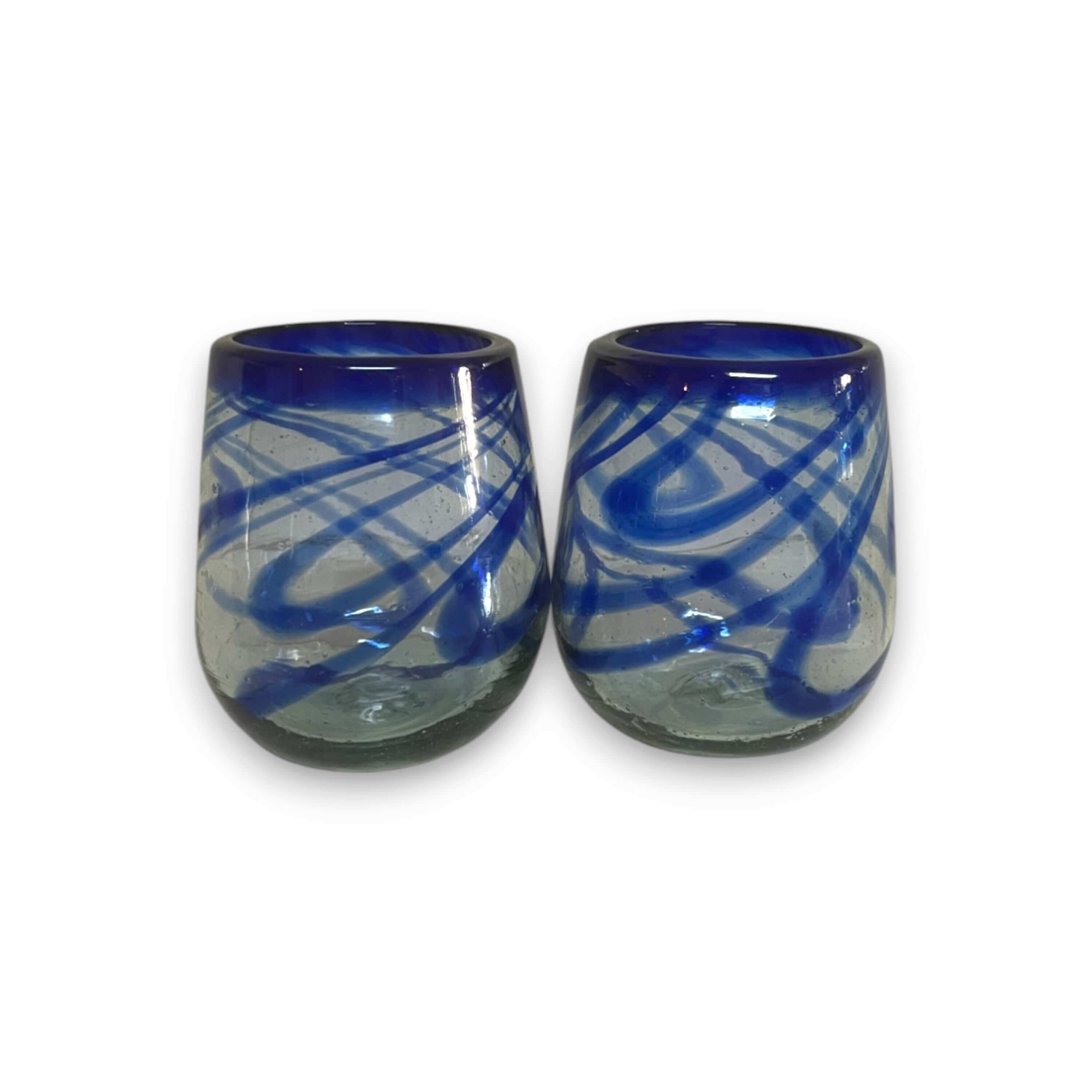 Mexican Stemless Wine Glass | Hand-Blown Blue Swirl