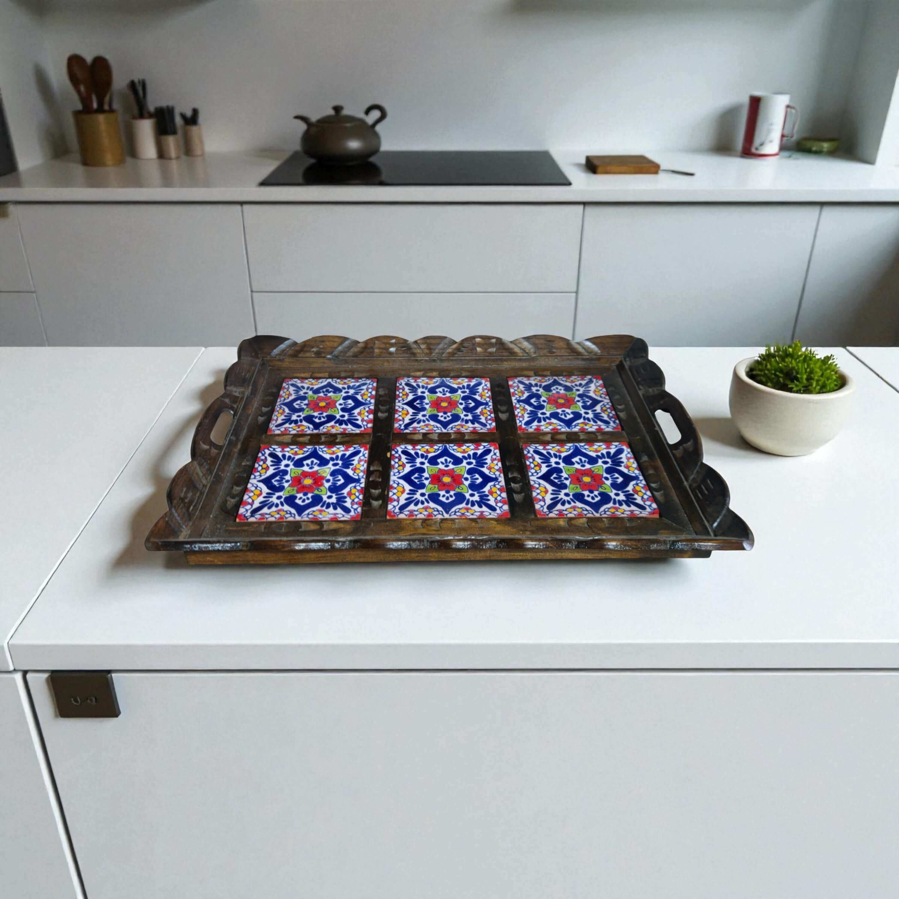 Bandeja de servicio de madera con azulejos de talavera hechos a mano | Bandeja mexicana