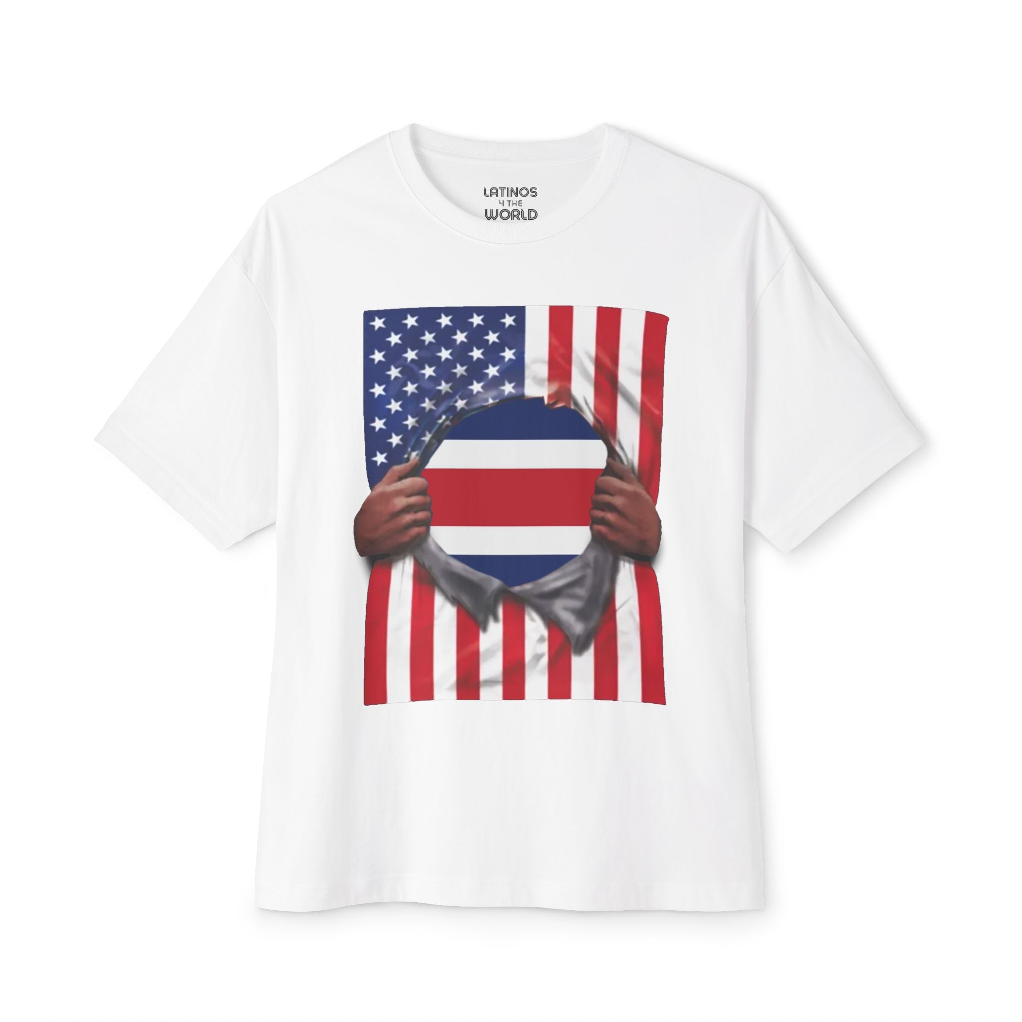 Camiseta del orgullo de la bandera de Costa Rica + la bandera de EE. UU. | Bandera de Costa Rica + Bandera de Estados Unidos rasgada 4 de julio | Camisetas latinas virales divertidas | Unisex - 4 Colores