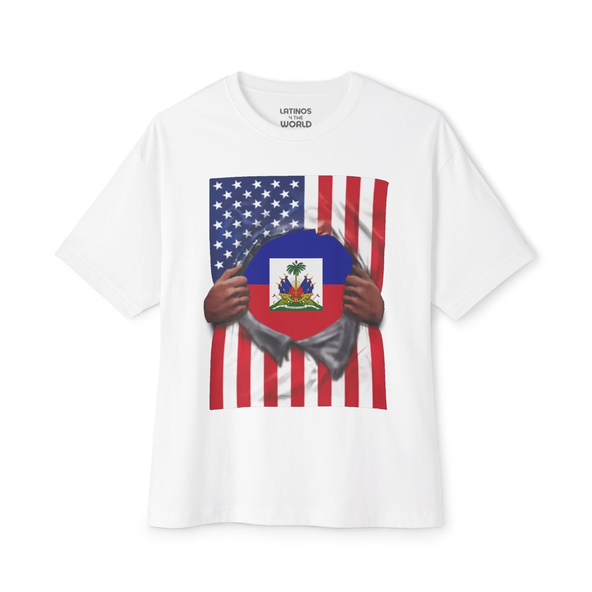 Camiseta Orgullo Bandera Haití + Bandera EE. UU. | Bandera Haitiana + Estadounidense Rasgada 4 de Julio | Camisetas Virales Latinas Divertidas | Unisex - 4 Colores