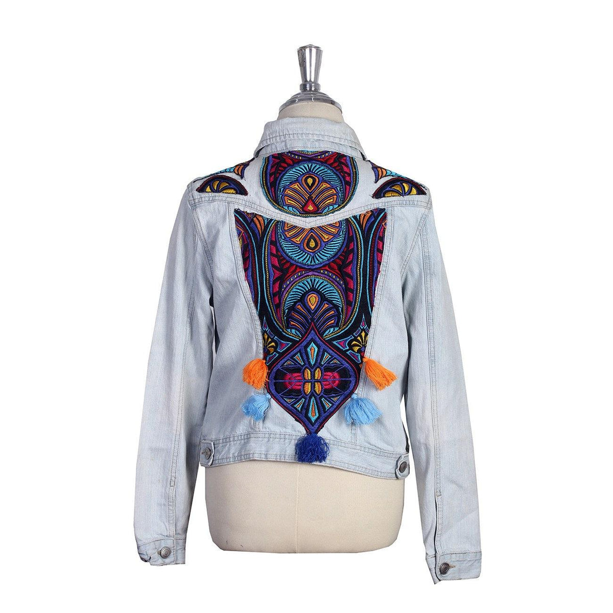 One-of-a-Kind Embroidered Tween Flower Denim Fringe Jacket - Thailand