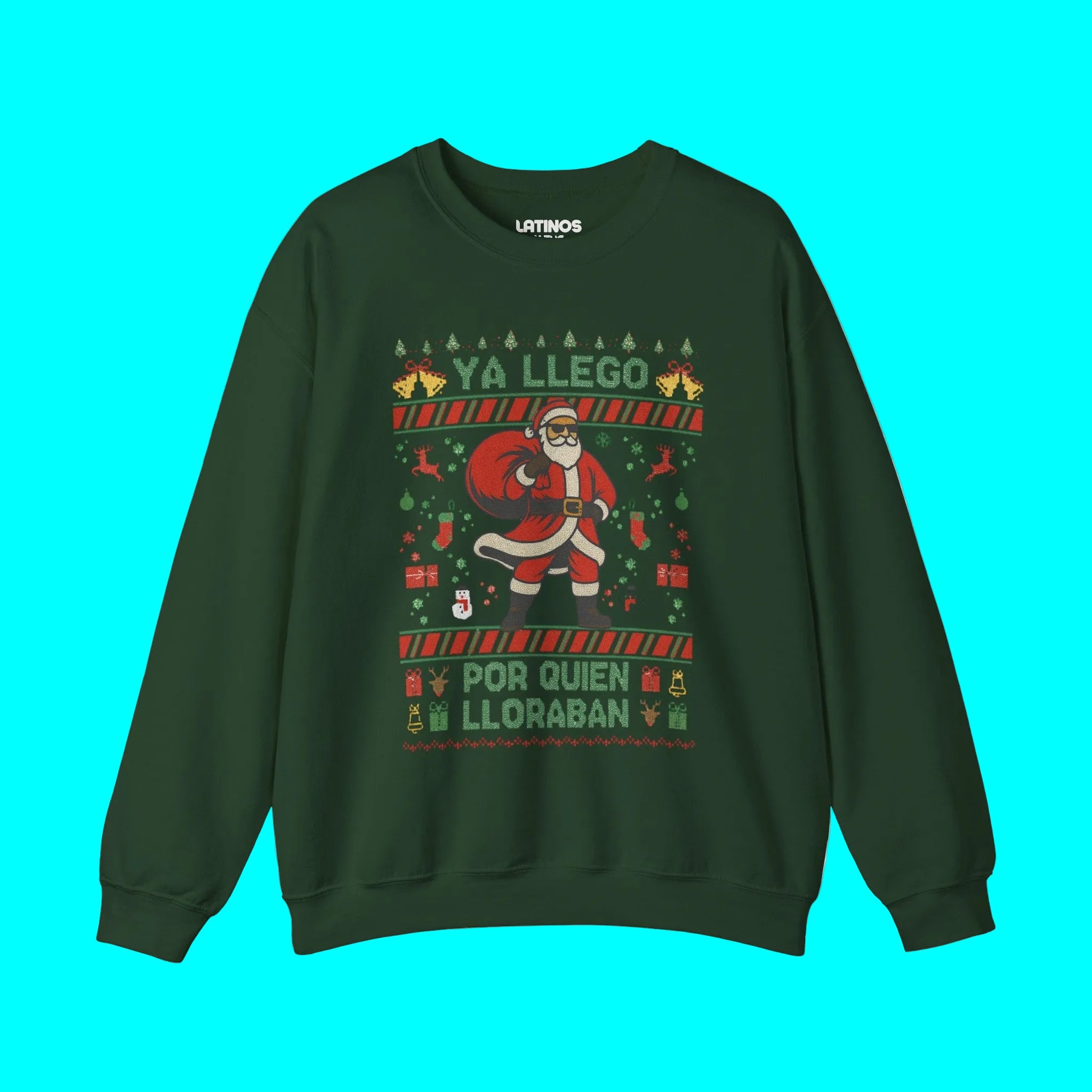 Suéter navideño estilo punto con diseño de Papá Noel "Ya Llegó Por Quien Lloraban" | Divertido español latino | 3 colores