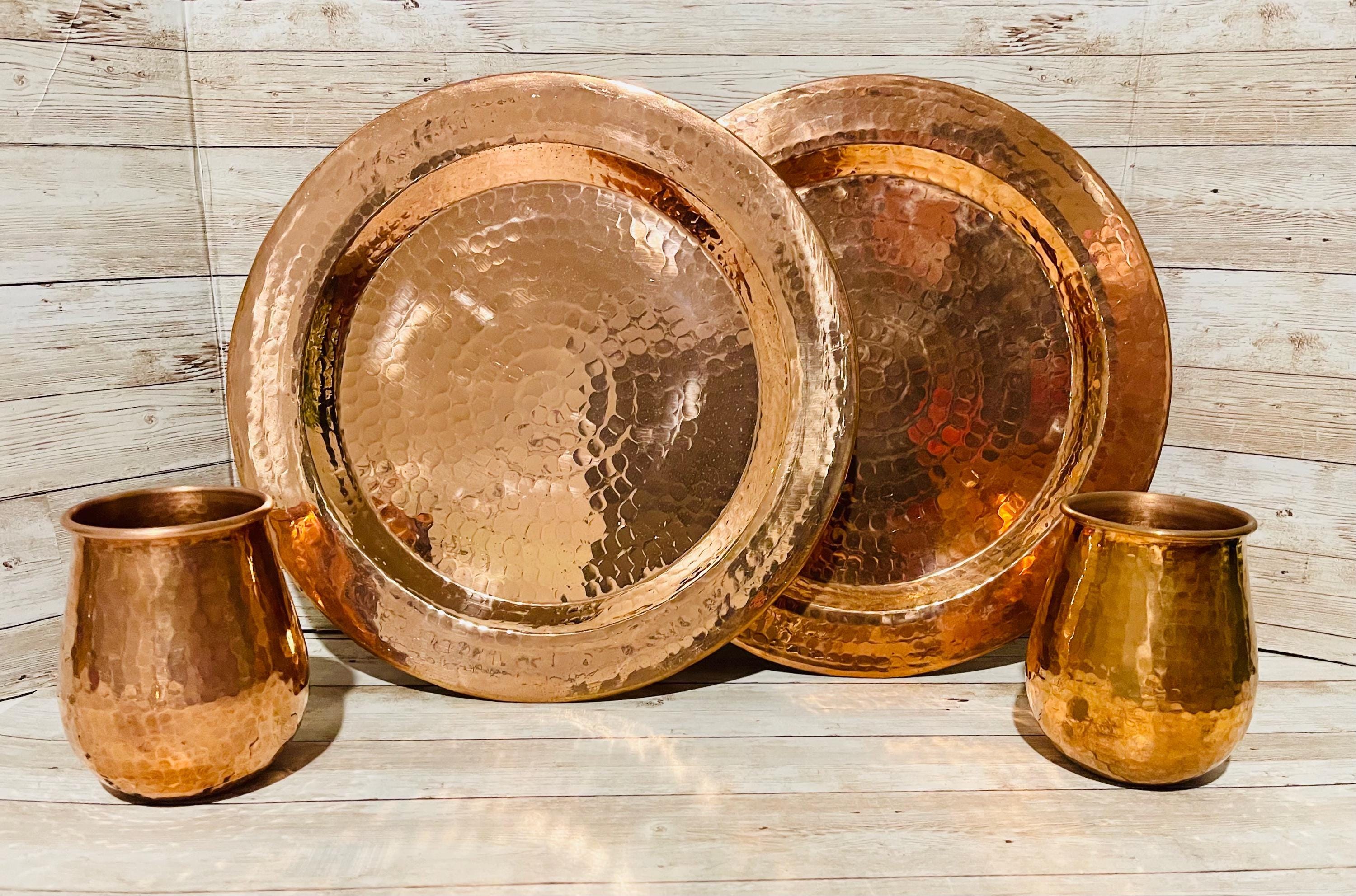 2 Mexican Copper Charger Plates with 2 Copper Cups 2 Platos de Cobre Mexicano con 2 Vasos de Cobre