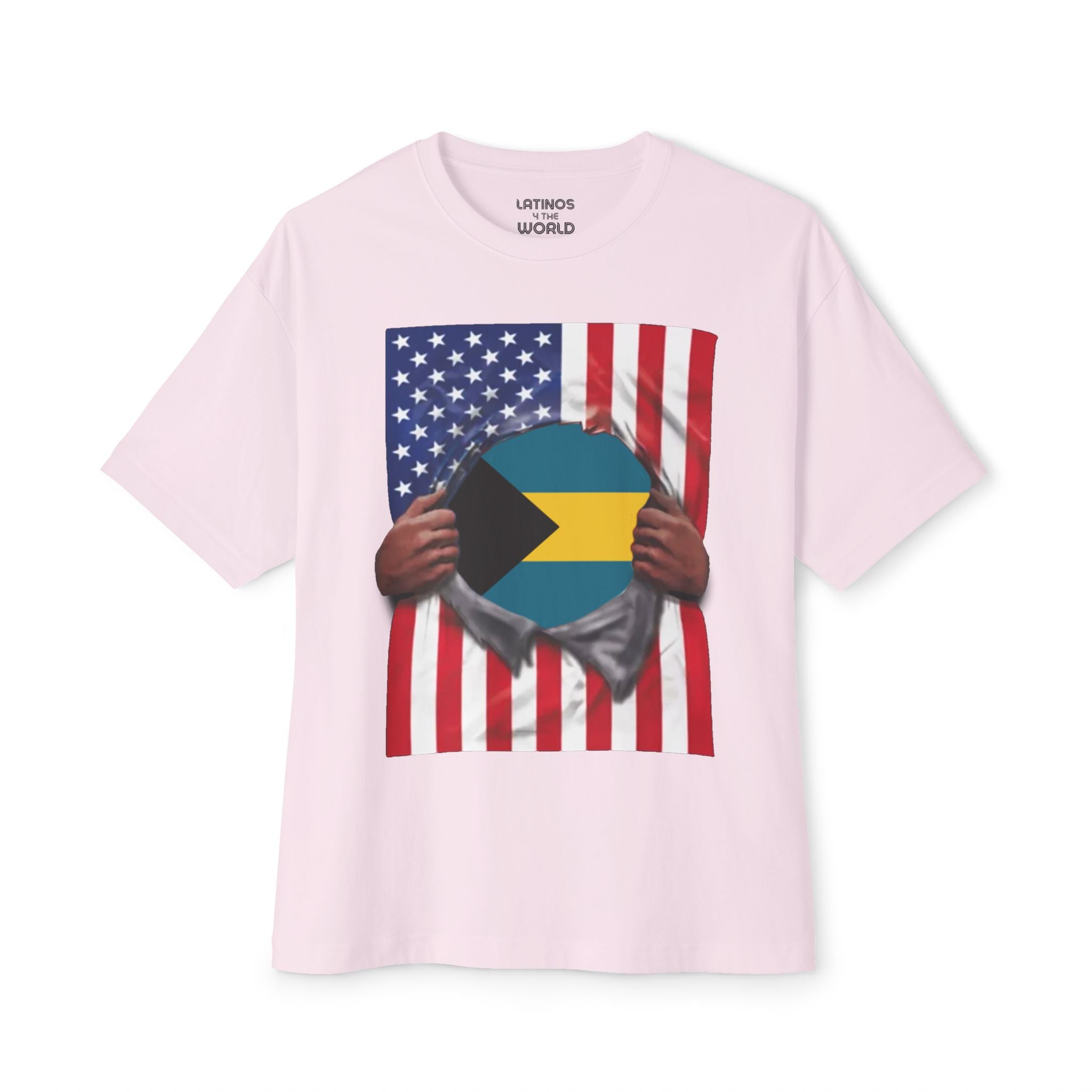 Camiseta Bandera de Bahamas + EE. UU. | Bandera de Bahamas + EE. UU. rasgada 4 de Julio | Camisetas Latinas Divertidas | 4 Colores