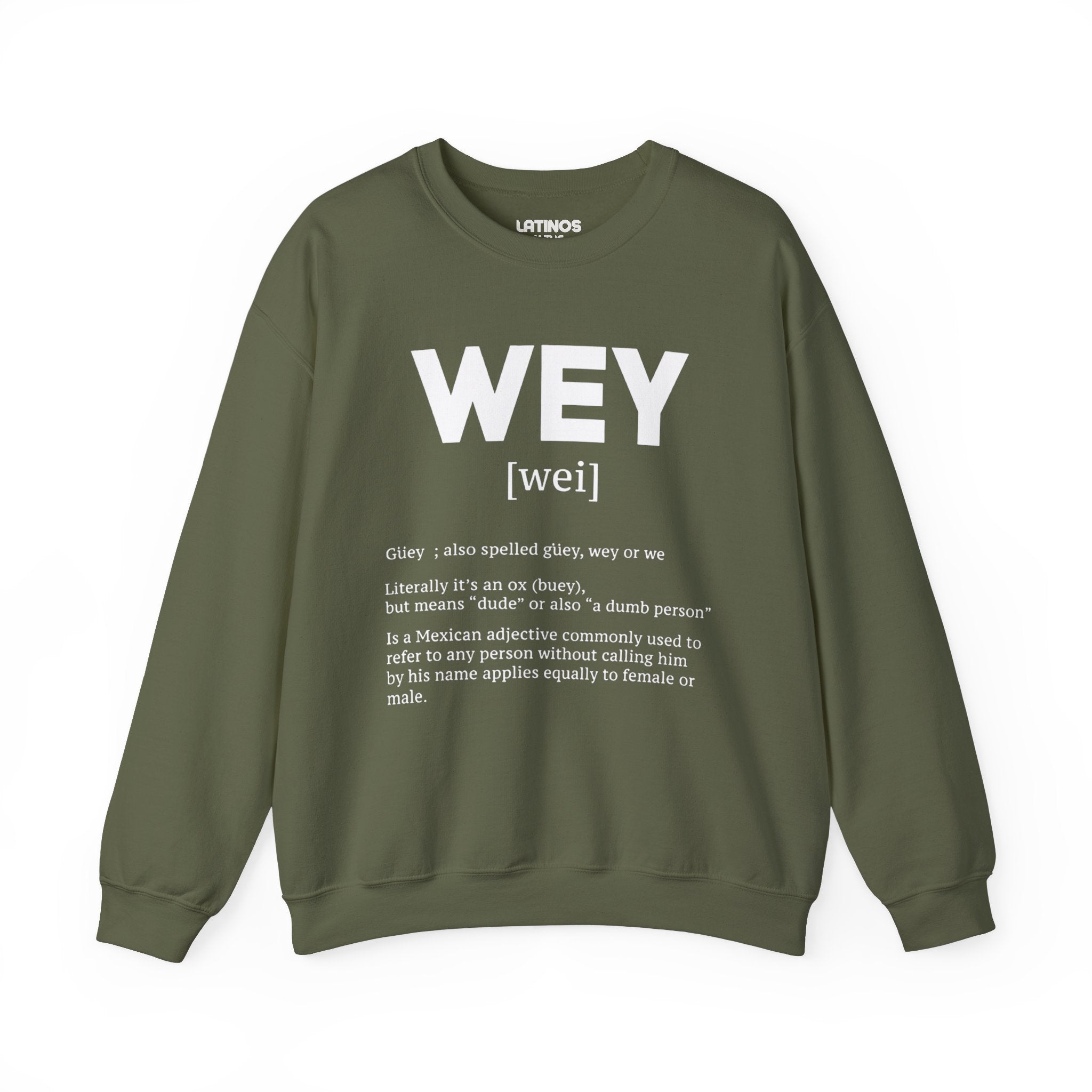 Sudadera de cuello redondo con definición de Wey Guey | Divertida sudadera de cuello redondo con forro polar latino | 3 colores disponibles