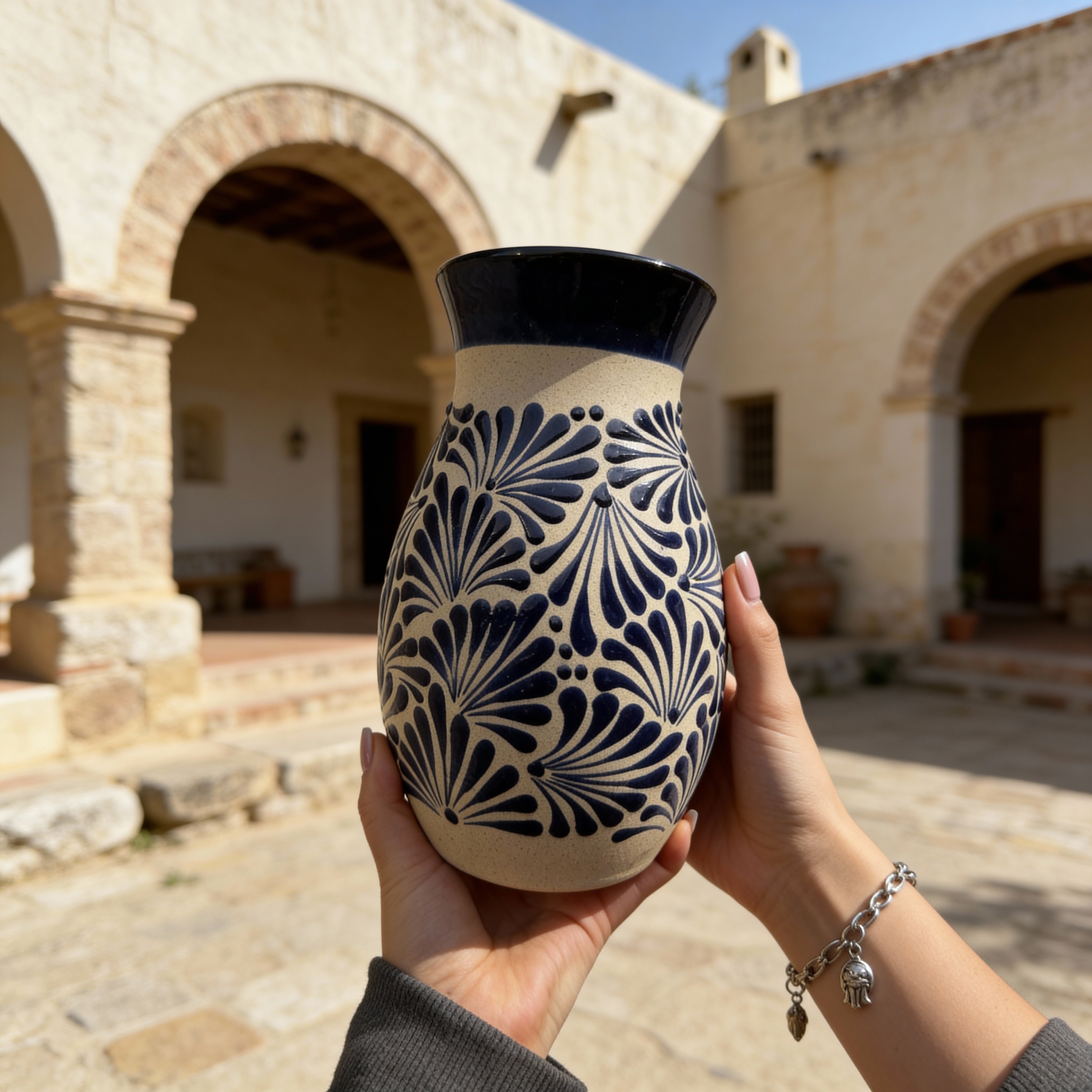 Blue Engobe Clay Floral Vase