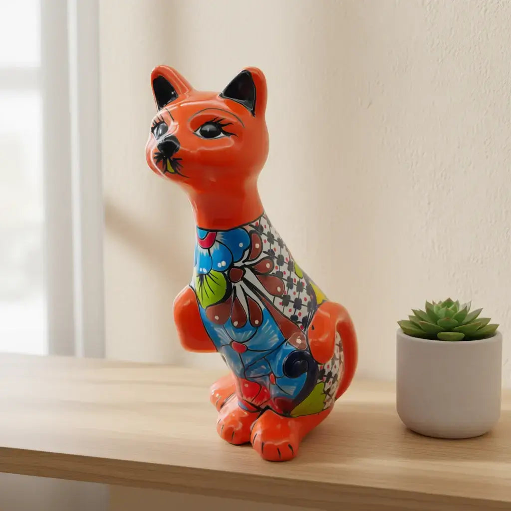 Estatua de Gato de Talavera | Figurilla de Cerámica Mexicana Pintada a Mano
