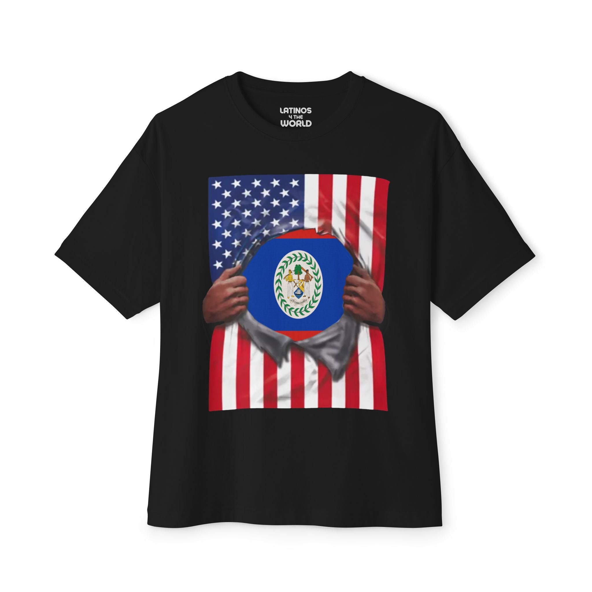 Camiseta del Orgullo de las Banderas de Belice y EE. UU. | Bandera de Belice + Bandera de EE. UU. Rasgada 4 de Julio | Camisetas Divertidas y Virales Latinas | Unisex - 4 Colores