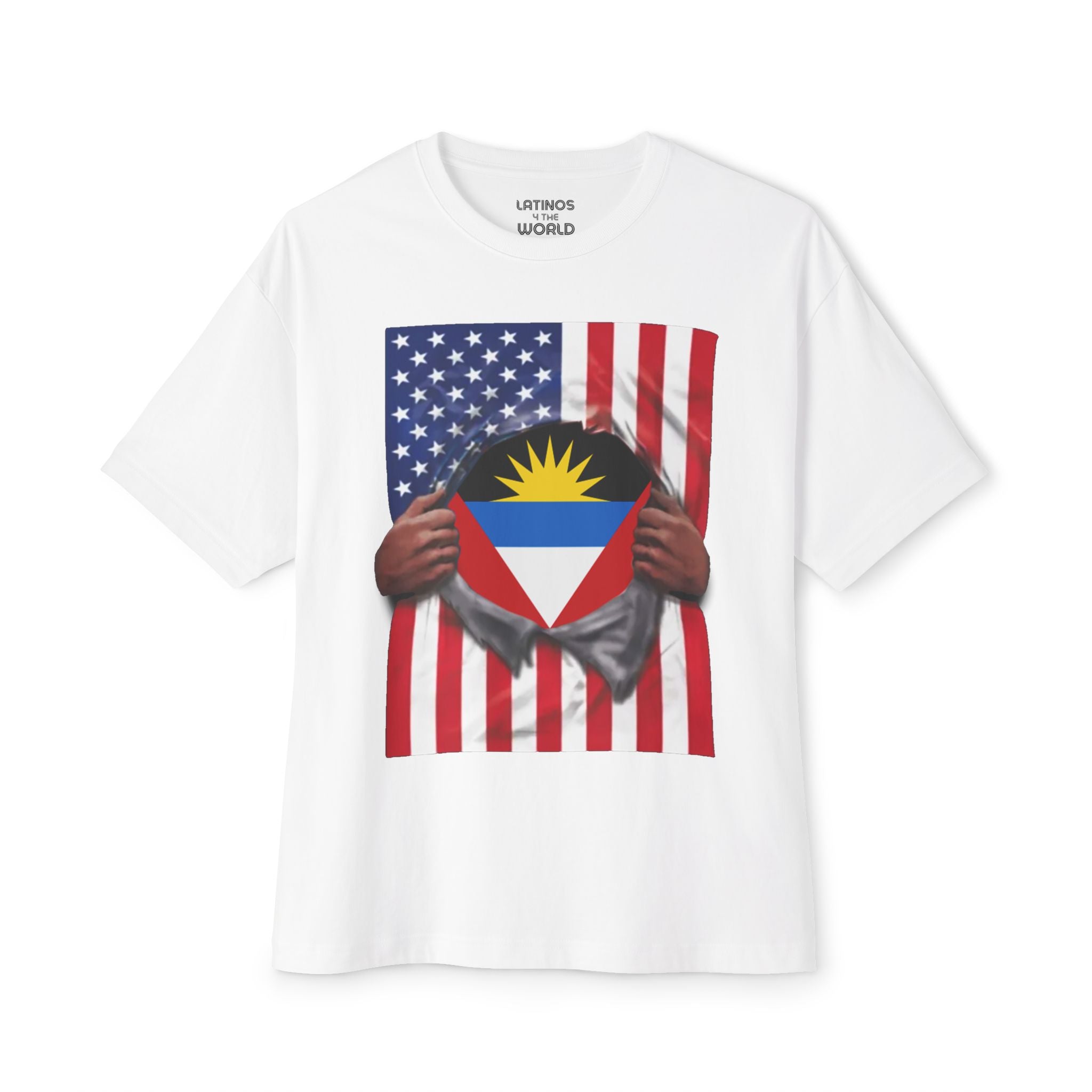Camiseta de la bandera de Antigua y Barbuda | Bandera de Antigua + Estadounidense Rasgada 4 de julio | Camisetas divertidas para latinos | 4 Colores