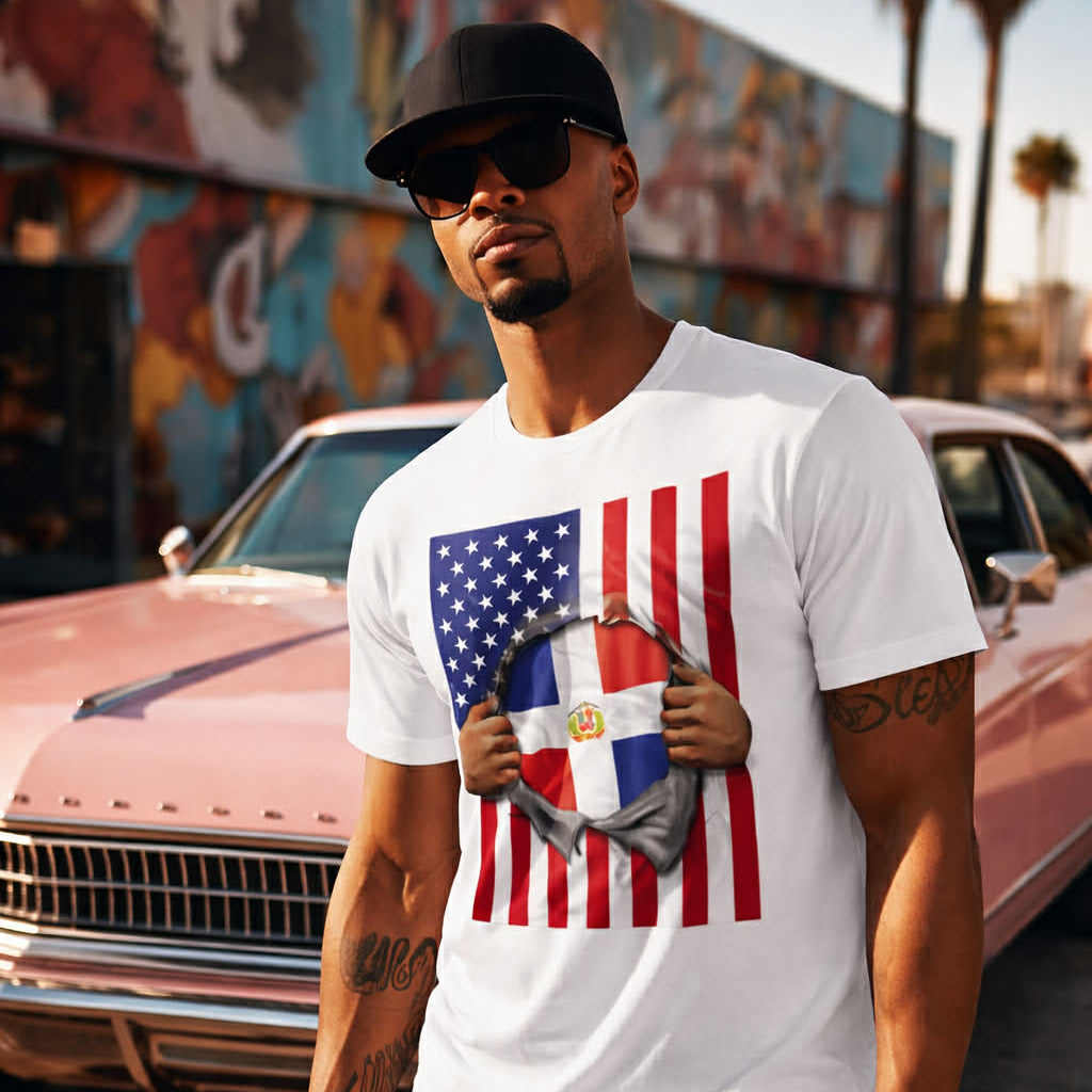 Bandera de República Dominicana + Bandera de EE. UU. Camiseta del Orgullo | Orgullo Dominicano + Americano 4 de Julio | Camisetas Latinas Virales Divertidas | Unisex