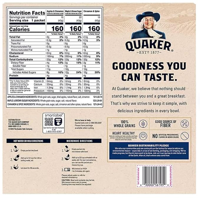 QUAKER INSTANT OATMEAL, 3 FLAVOR VARIETY PACK (52 COUNT)