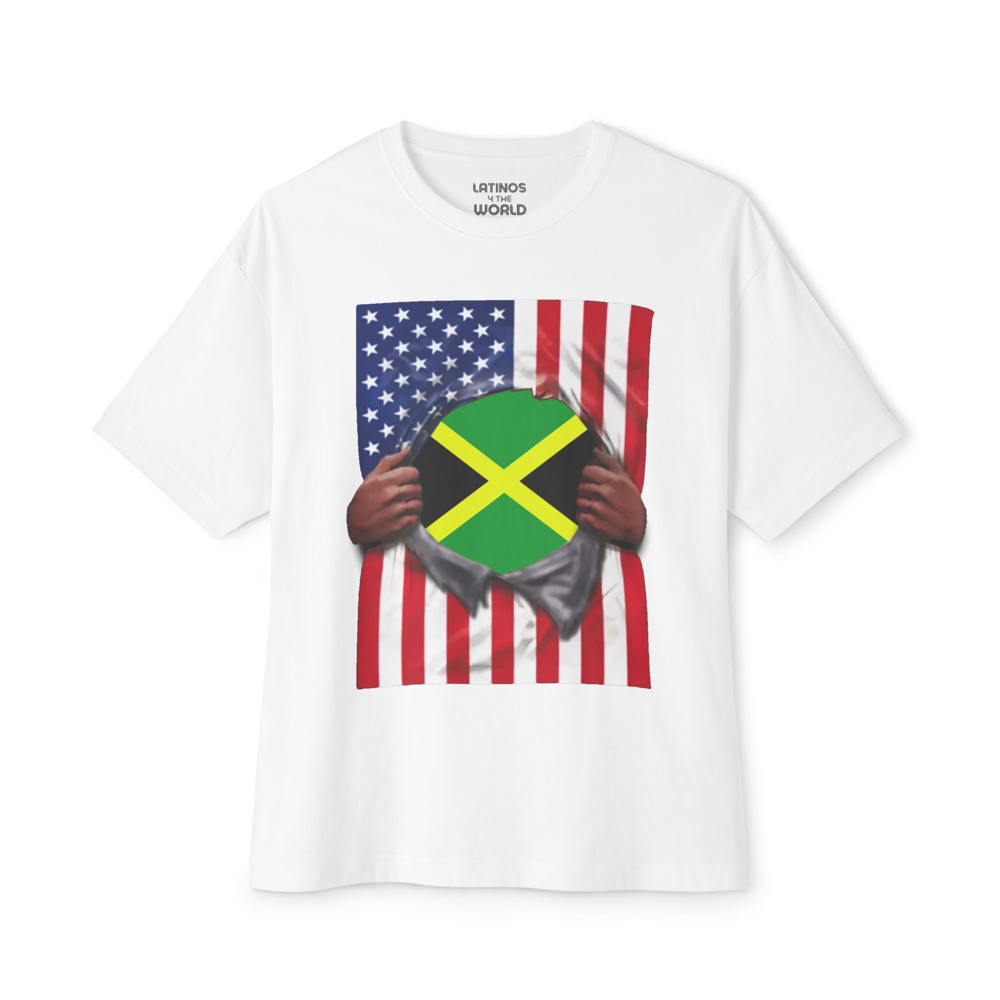 Camiseta de orgullo con bandera de Jamaica y bandera de EE. UU. | Bandera jamaicana y estadounidense rota 4 de julio | Camisetas latinas divertidas y virales | Unisex - 4 colores