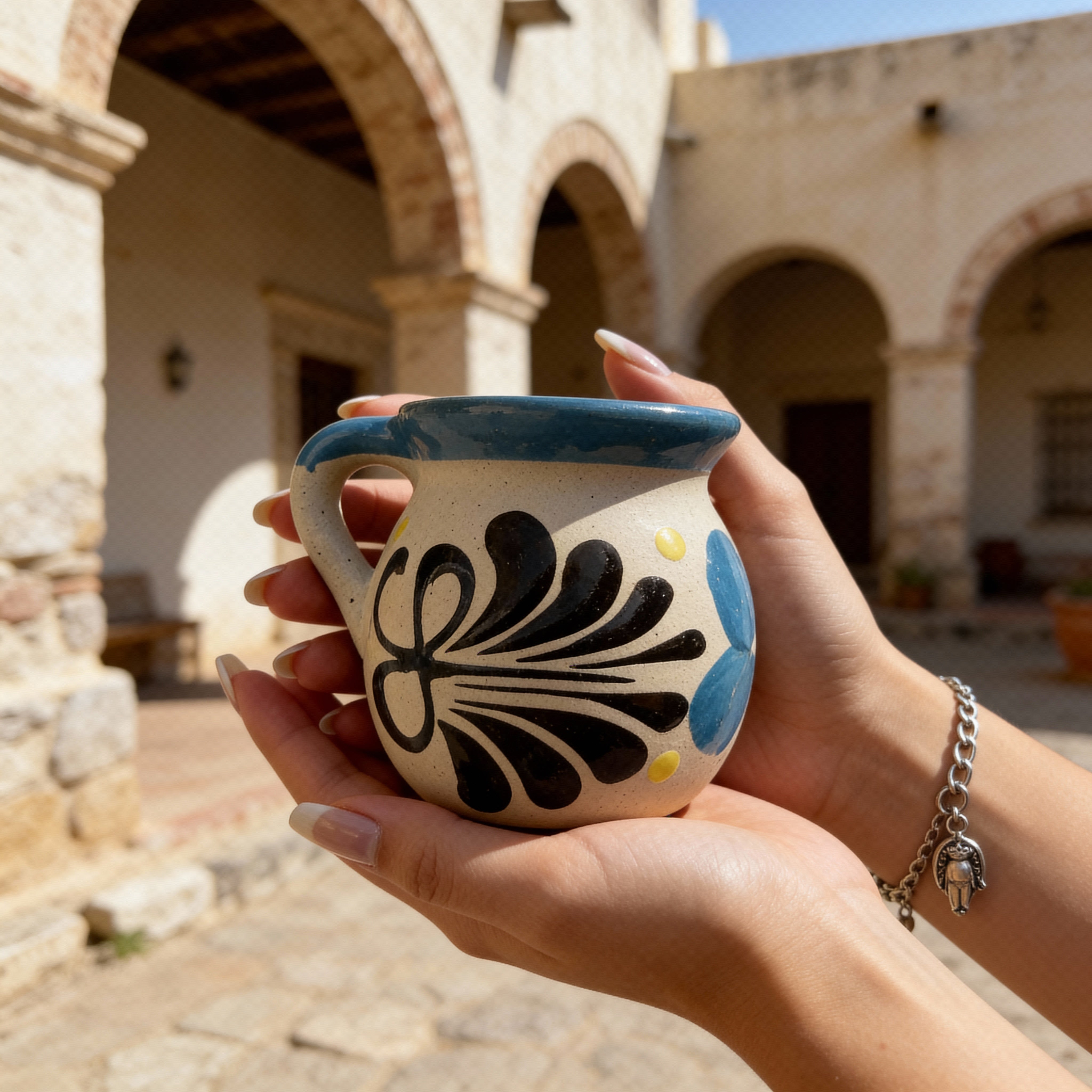 Taza Barro Floral Azul Pintada a Mano