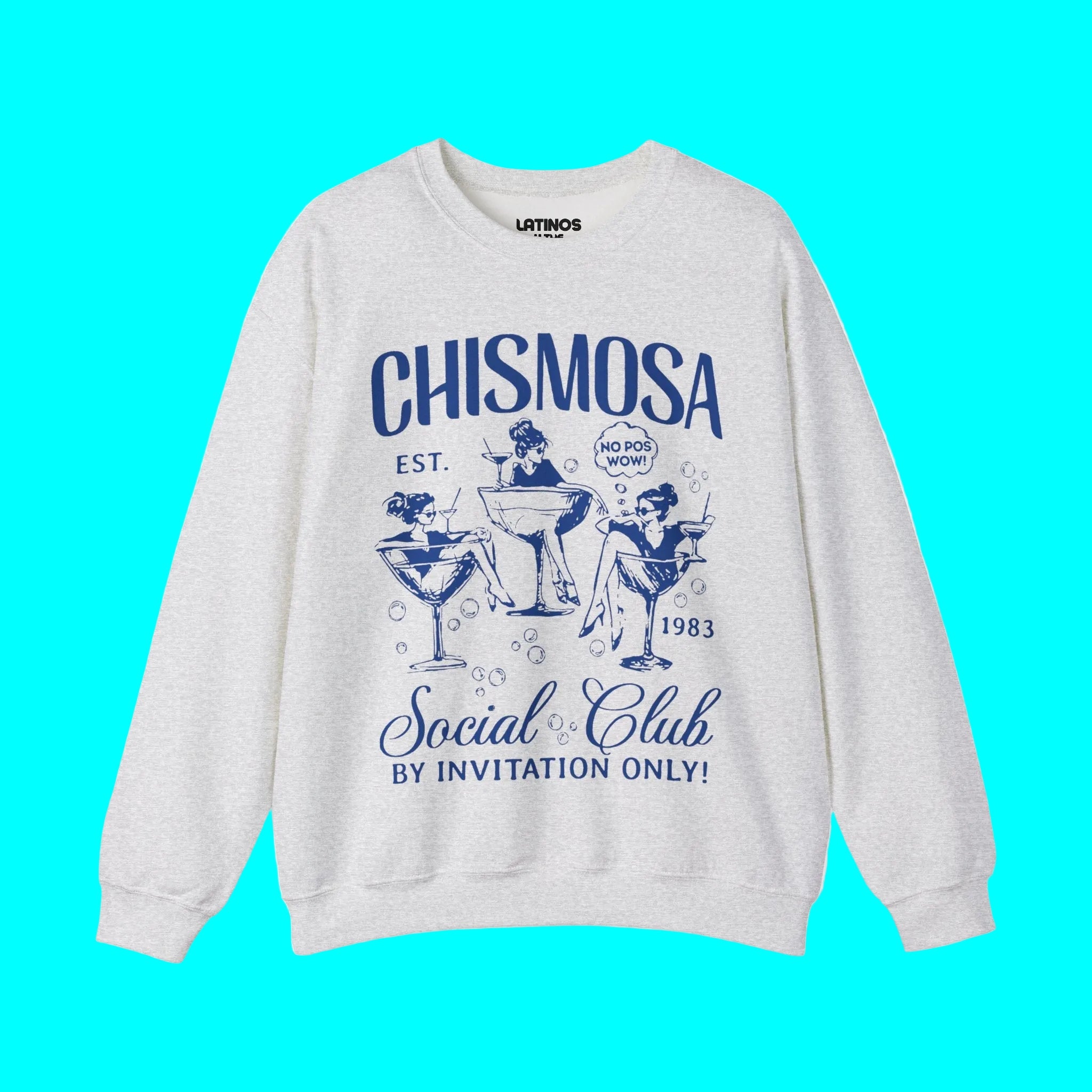 Sudadera con cuello redondo del Chismosa Social Club | ¡No Pos Wow! ¡Solo por invitación! Sudadera divertida con cuello redondo y forro polar latino | 3 colores disponibles