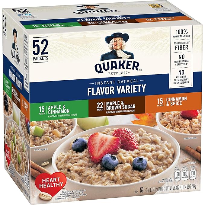 QUAKER INSTANT OATMEAL, 3 FLAVOR VARIETY PACK (52 COUNT)