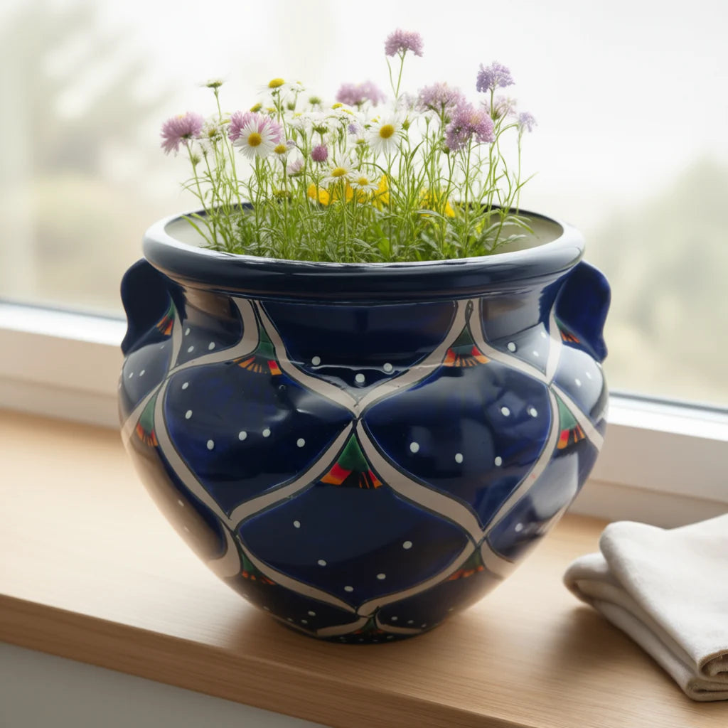 Maceta Talavera Pavo Real Azul | Cerámica Mexicana Pintada a Mano