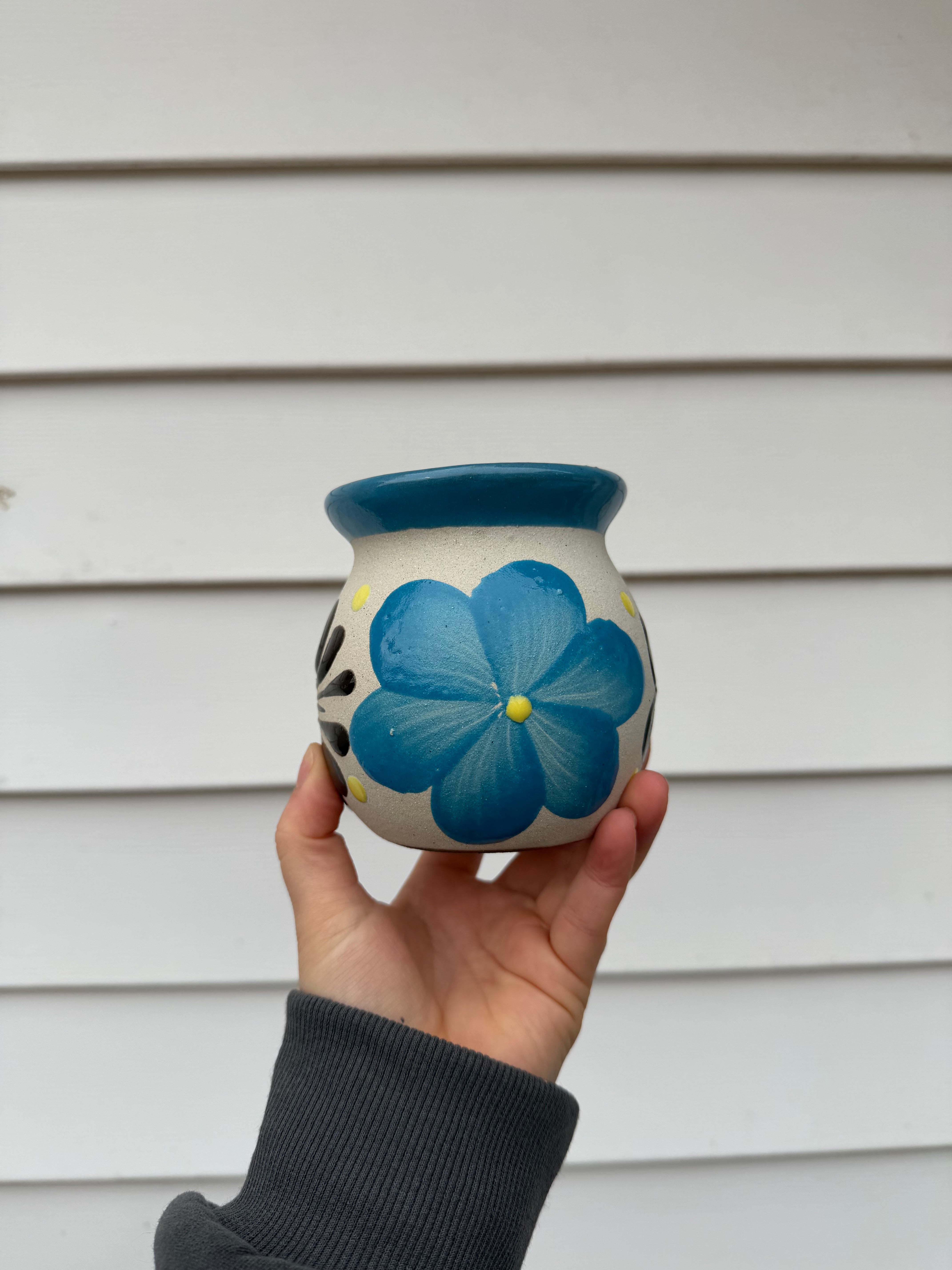 Taza Barro Floral Azul Pintada a Mano